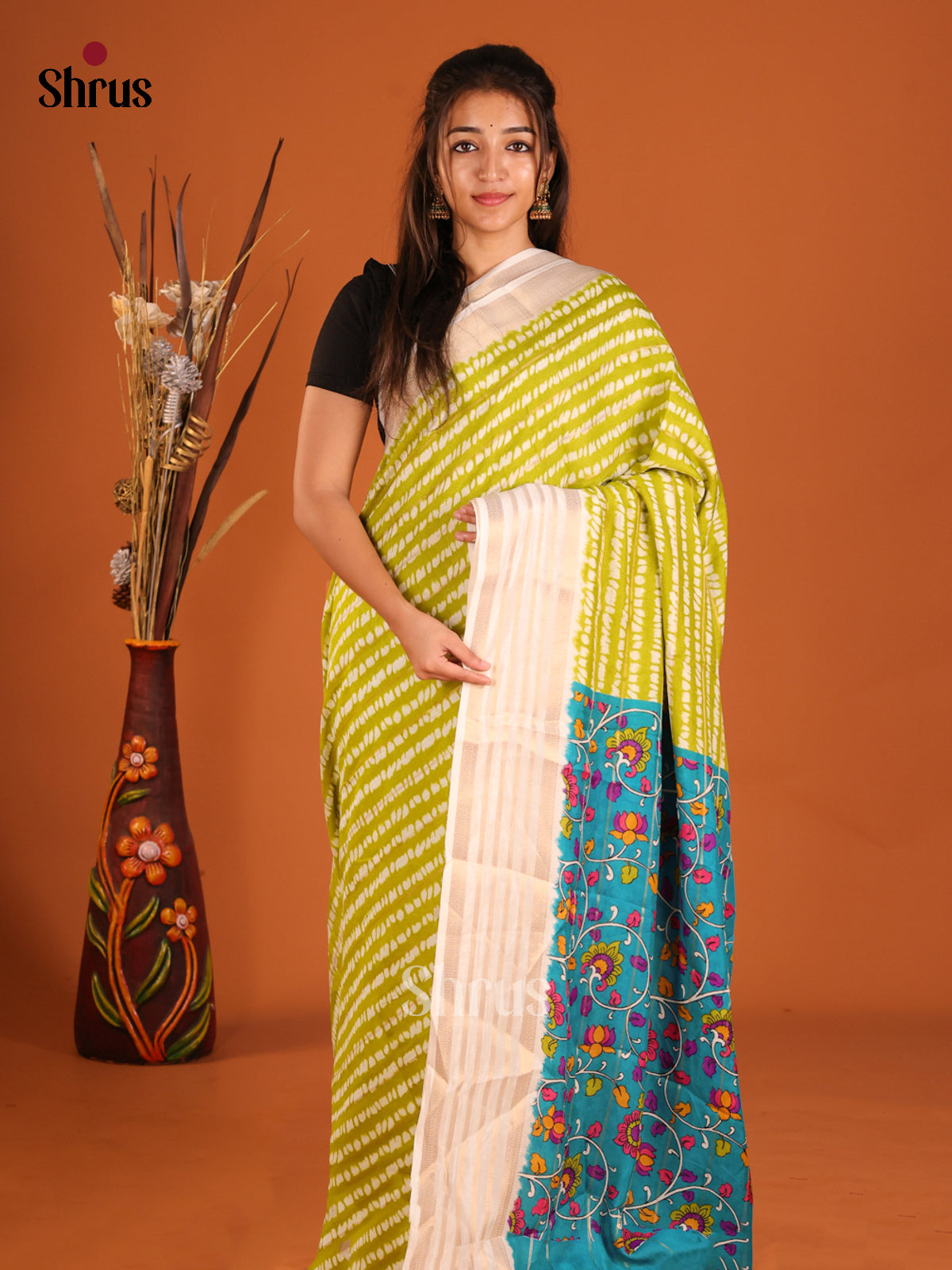 Light Green & Blue - Semi Mysoresilk Saree