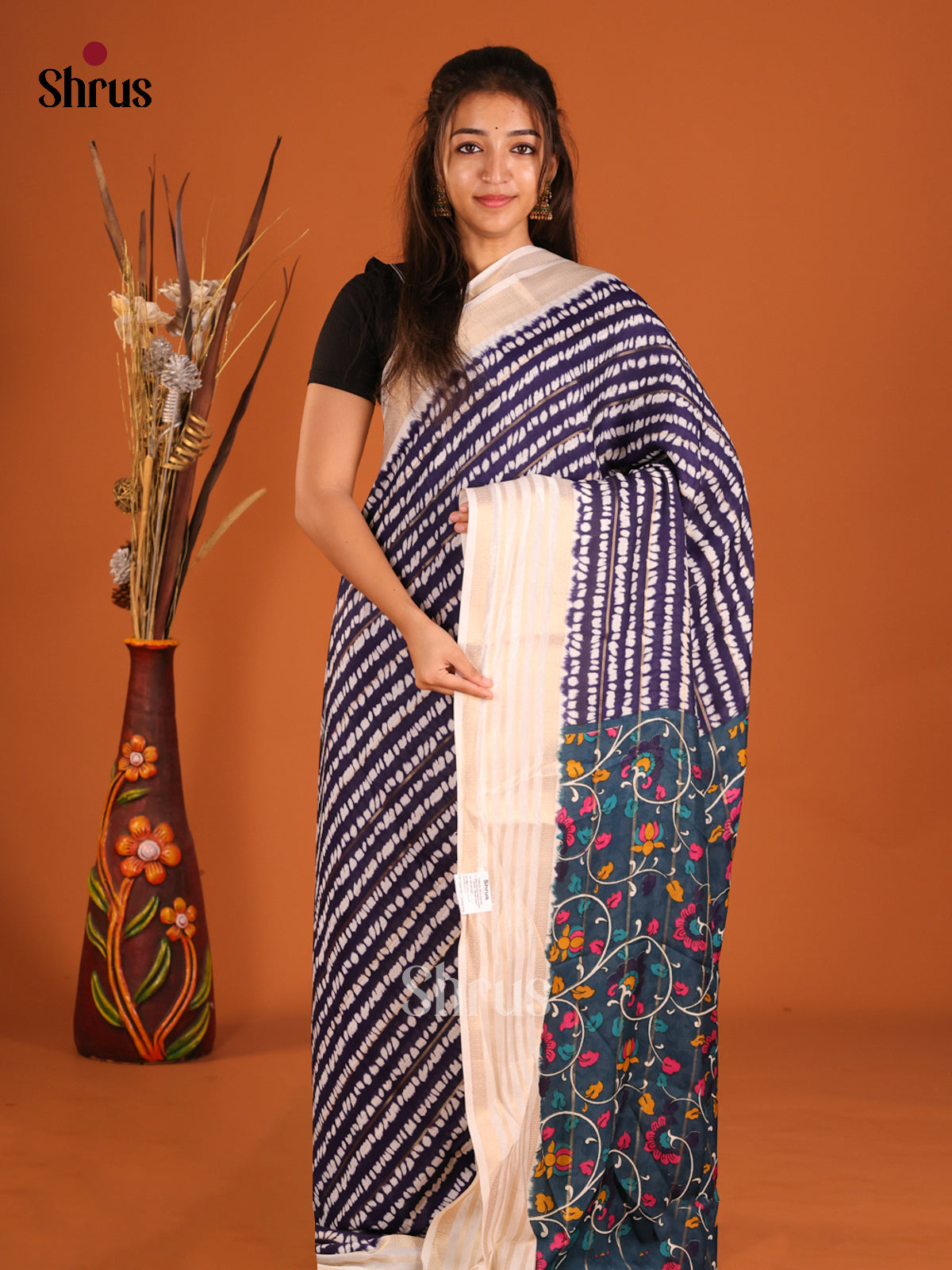 Blue & Cream - Semi Mysoresilk Saree