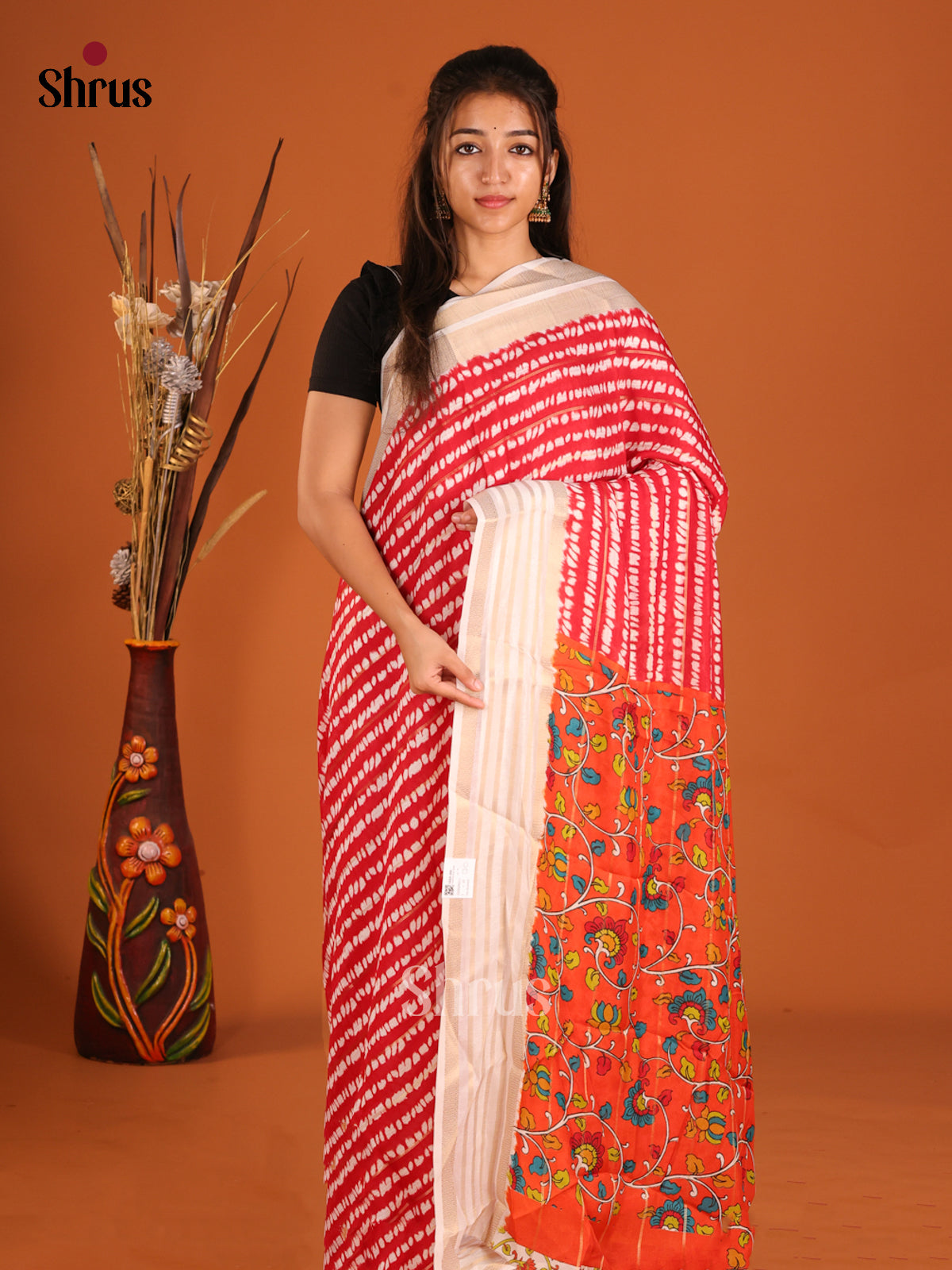 Red & Orange - Semi Mysoresilk Saree