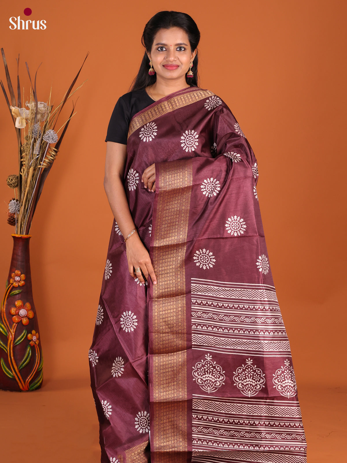 Brown - Semi Crepe Saree