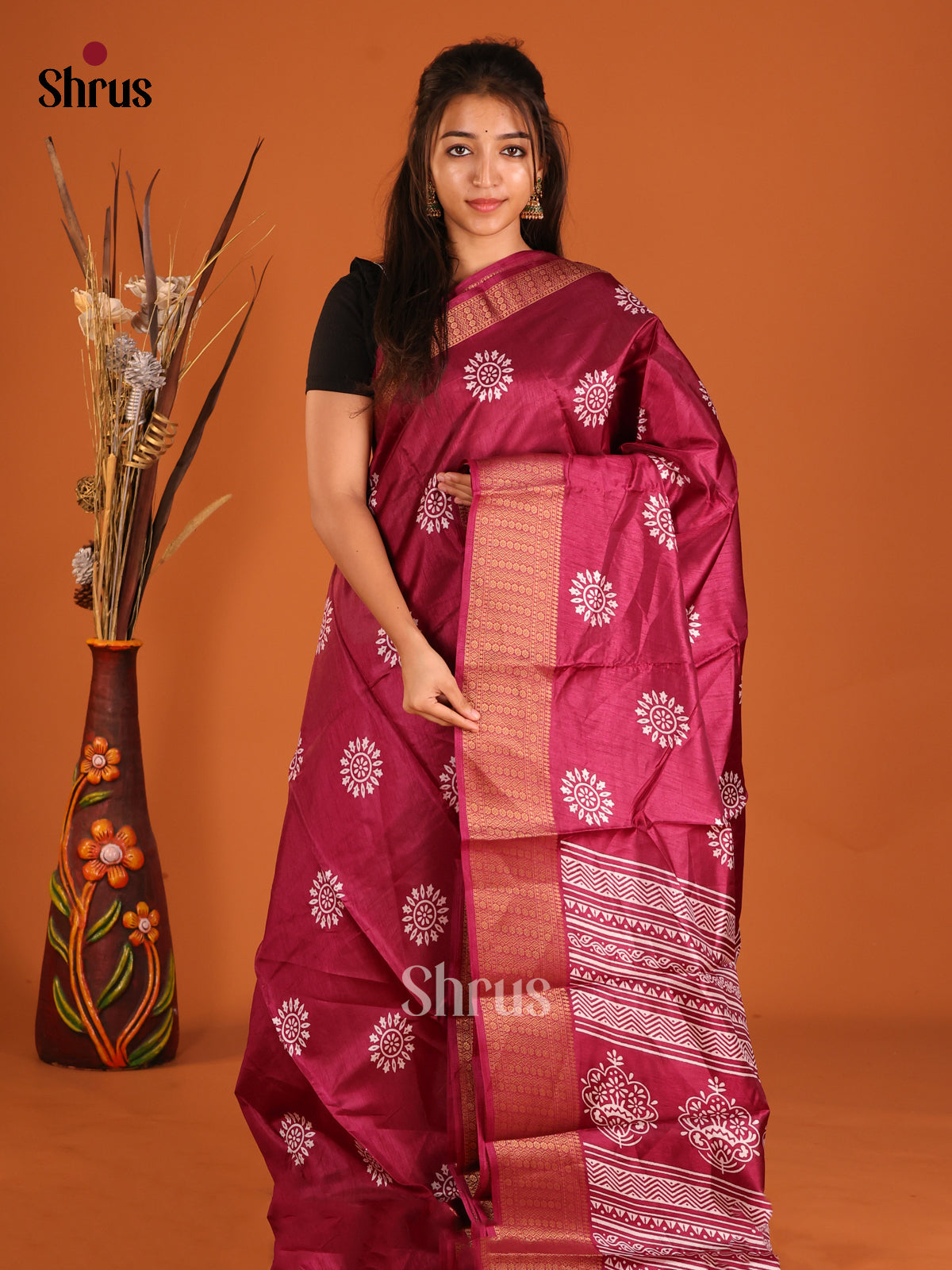 Maroon- Semi Crepe Saree - Shop on Shrus.com