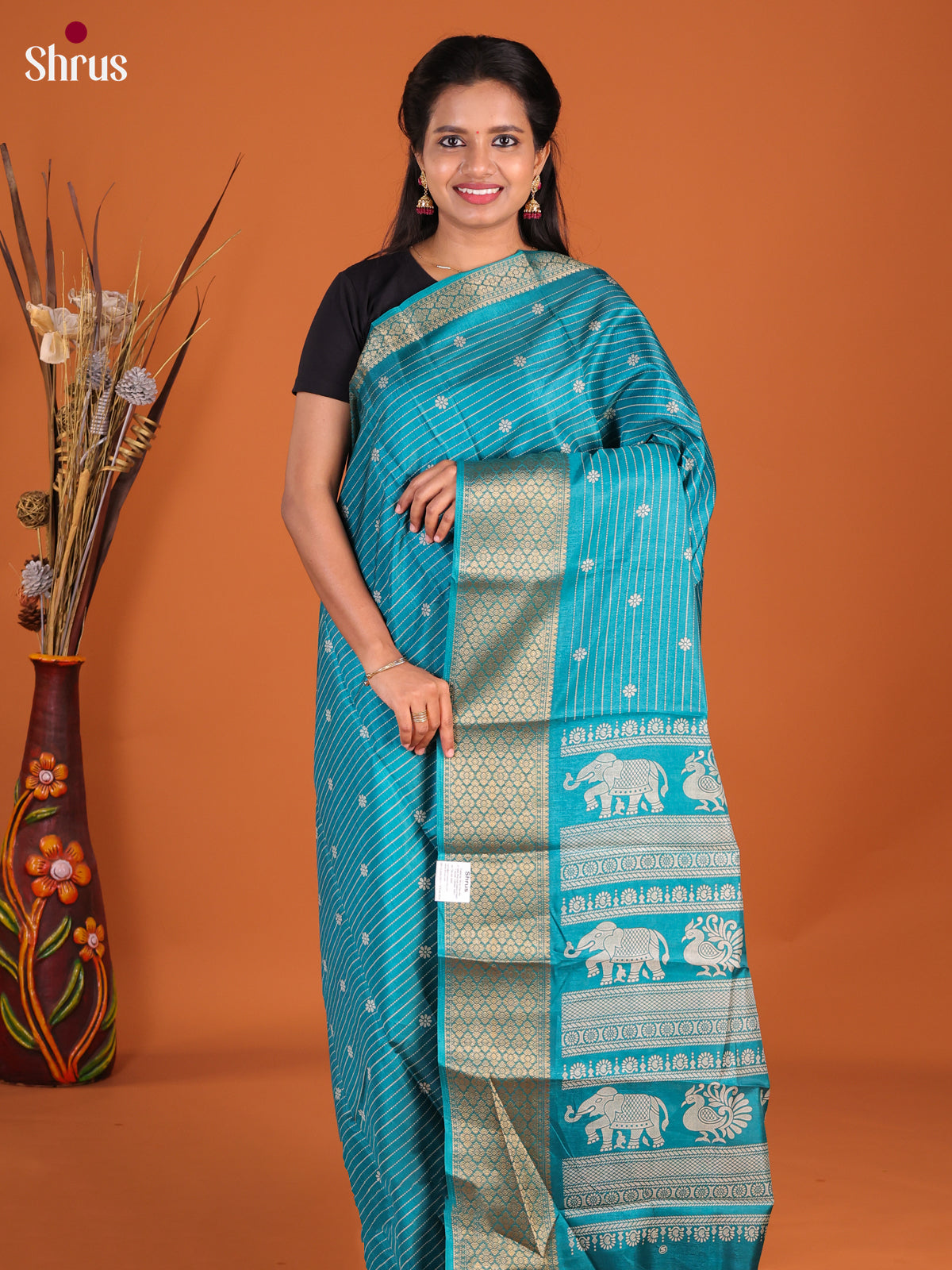 Teal - Semi Crepe Saree - Shop on Shrus.com