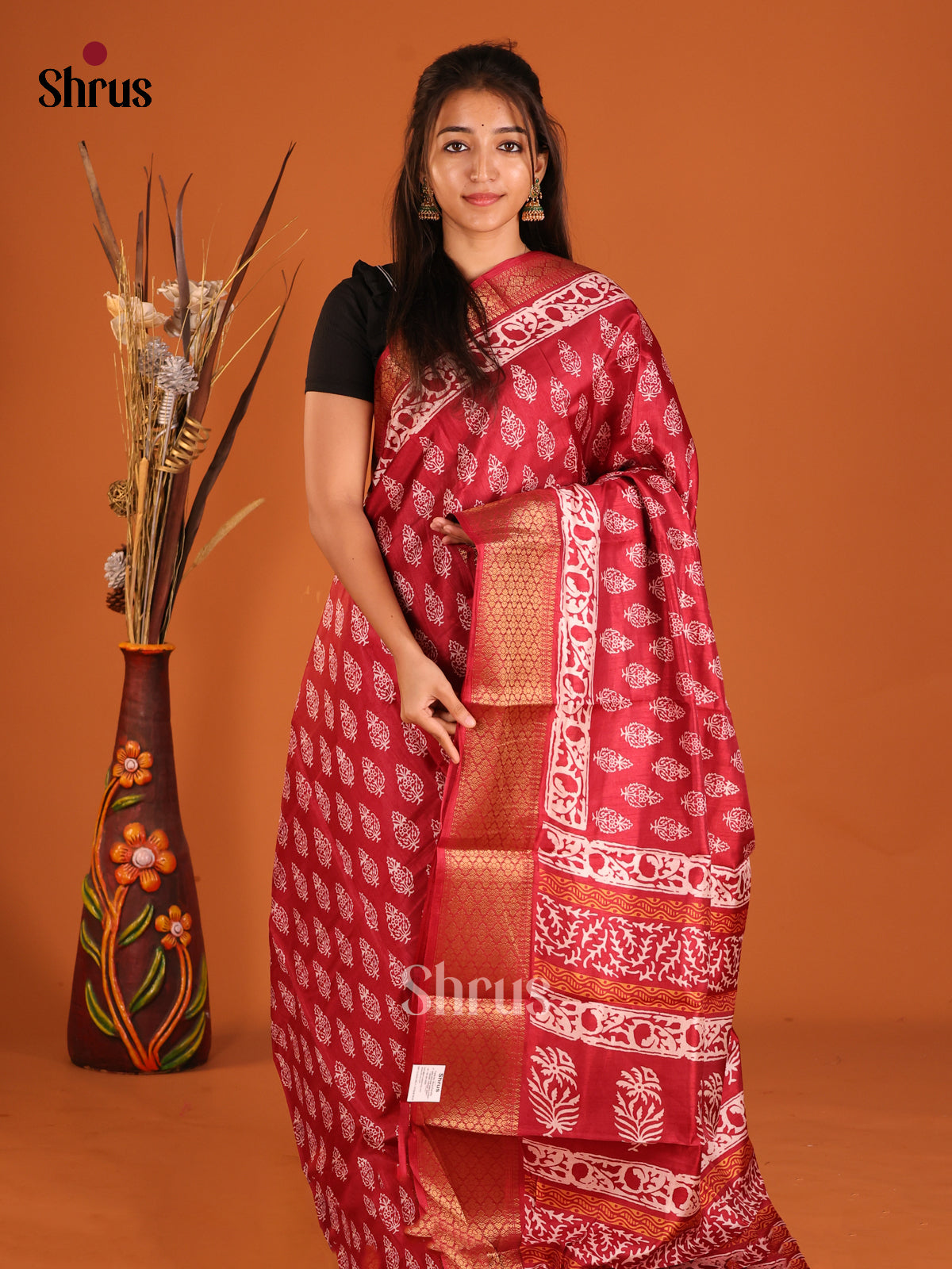 Red - Semi Crepe Saree - Shop on Shrus.com