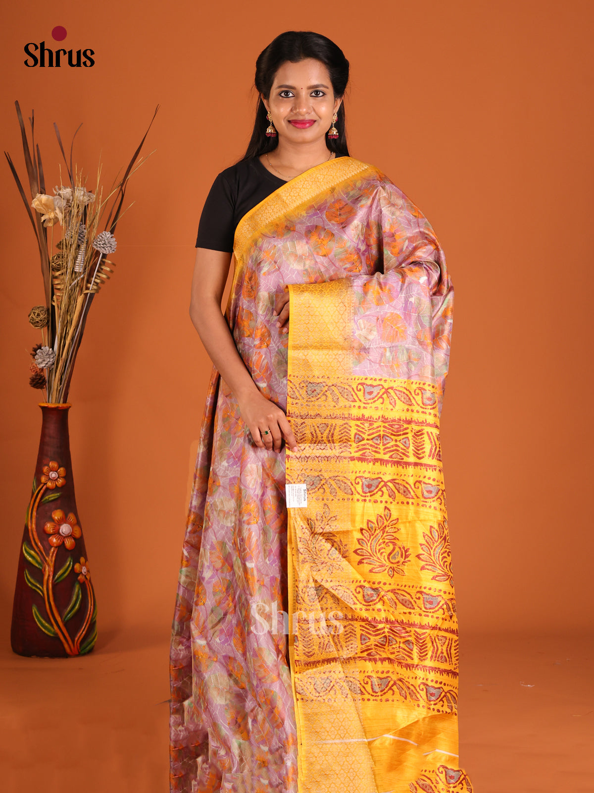 Purple & Yellow- Semi Crepe Saree - Shop on Shrus.com