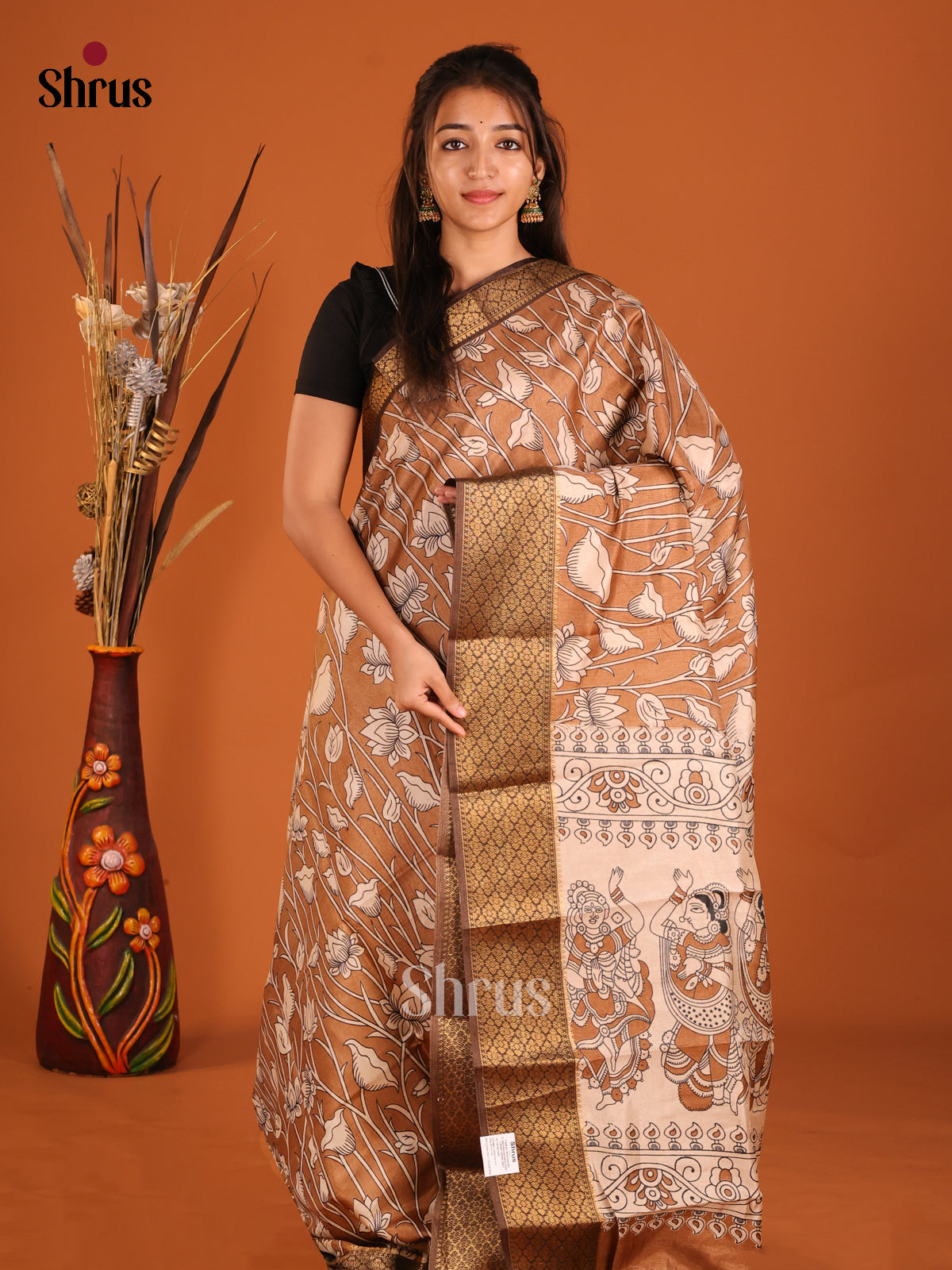 Brown - Semi Crepe Saree