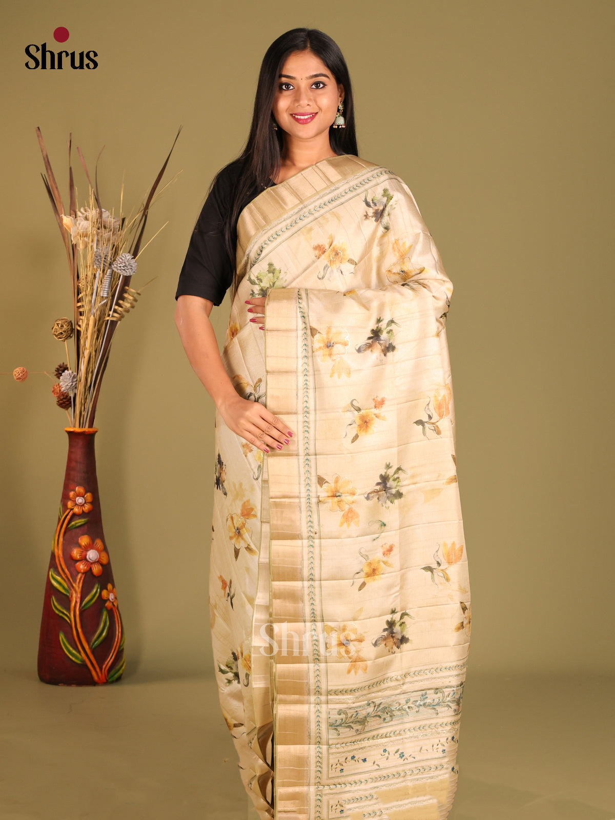 Cream & Green - Semi matka Saree