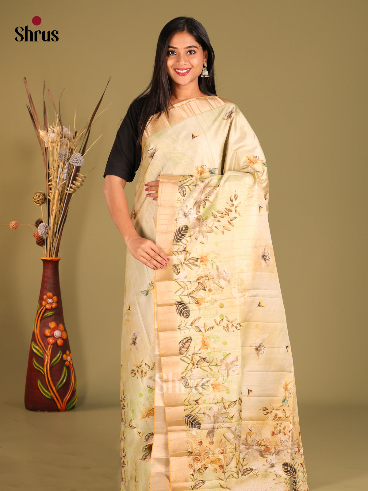 Cream & Brown - Semi matka Saree