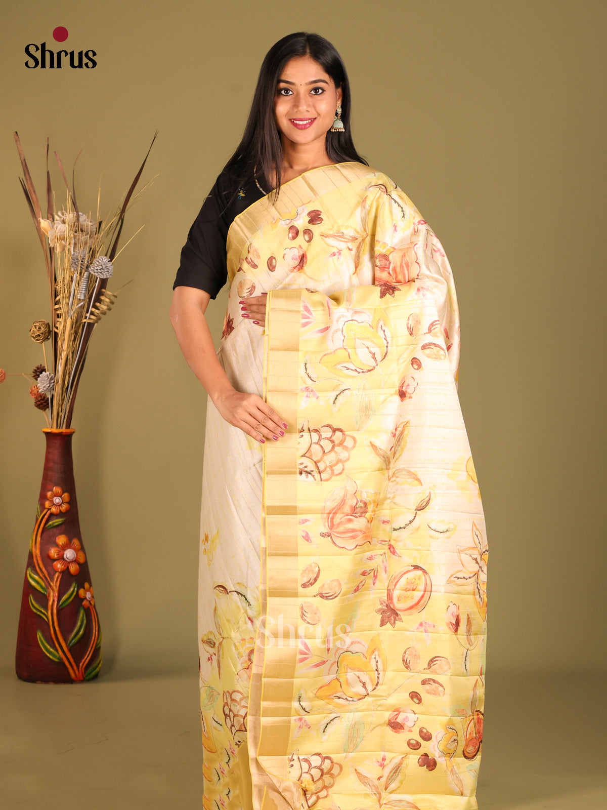 Cream & Yellow - Semi matka Saree