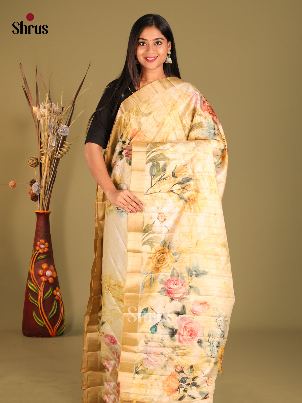 Cream & Yellow - Semi matka Saree