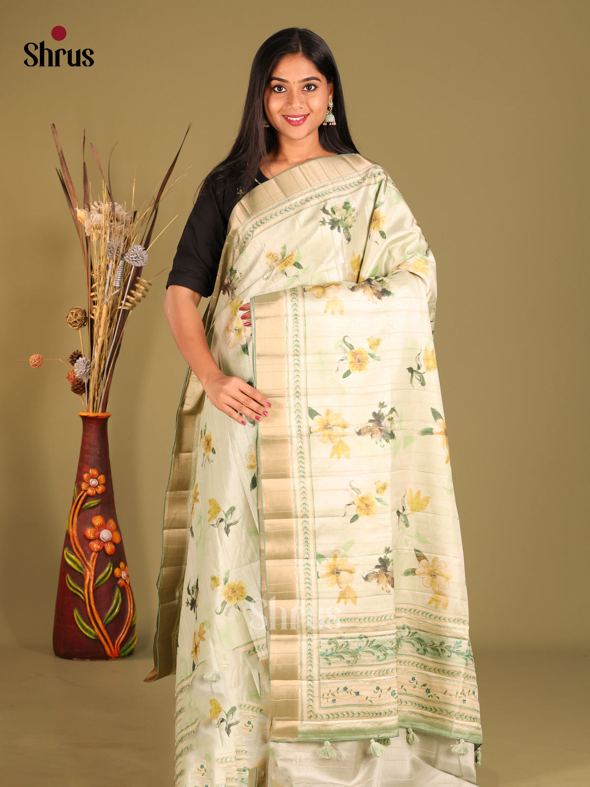 Cream & Green - Semi matka Saree