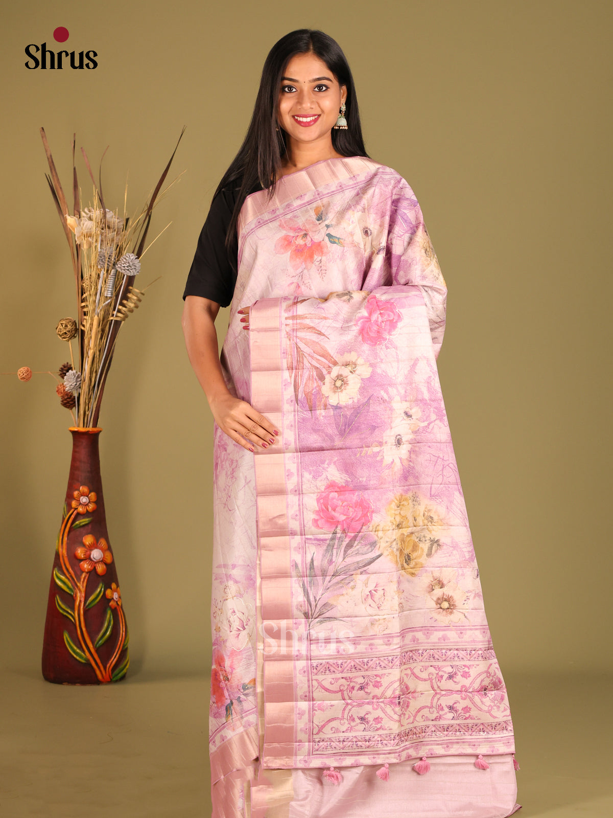 Cream & Lavender - Semi matka Saree