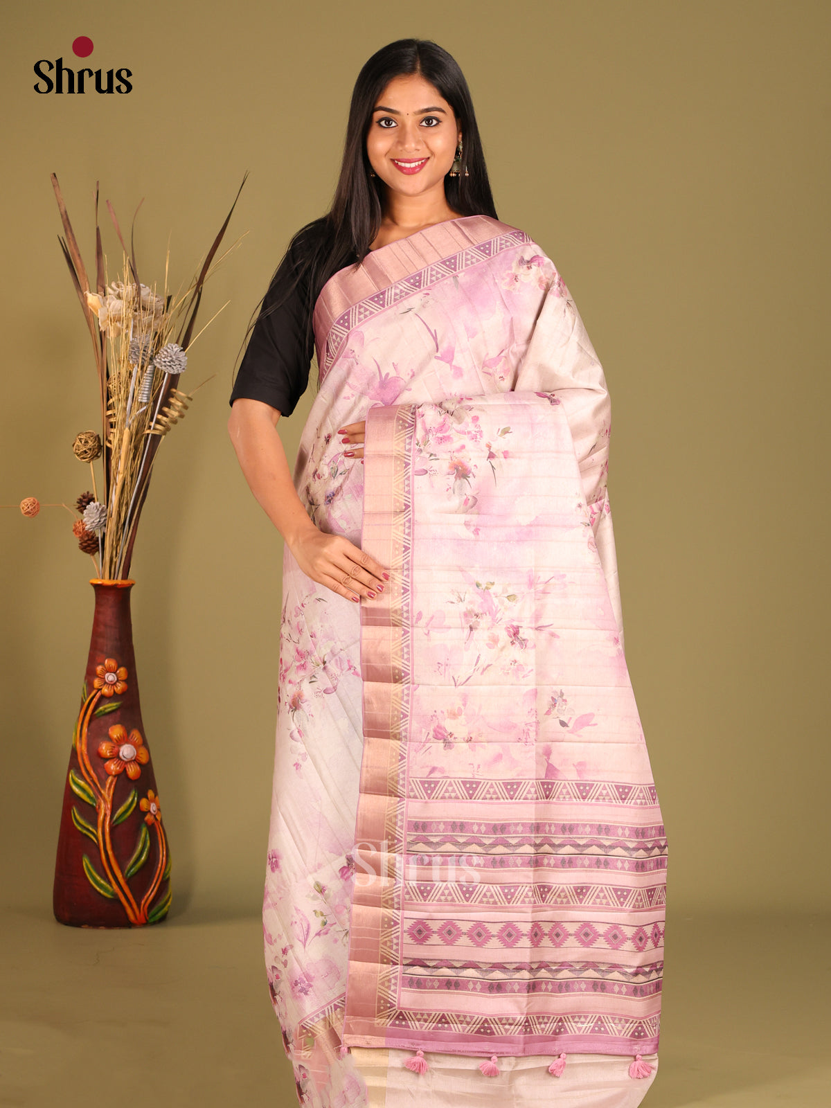 Cream & Lavender- Semi matka Saree