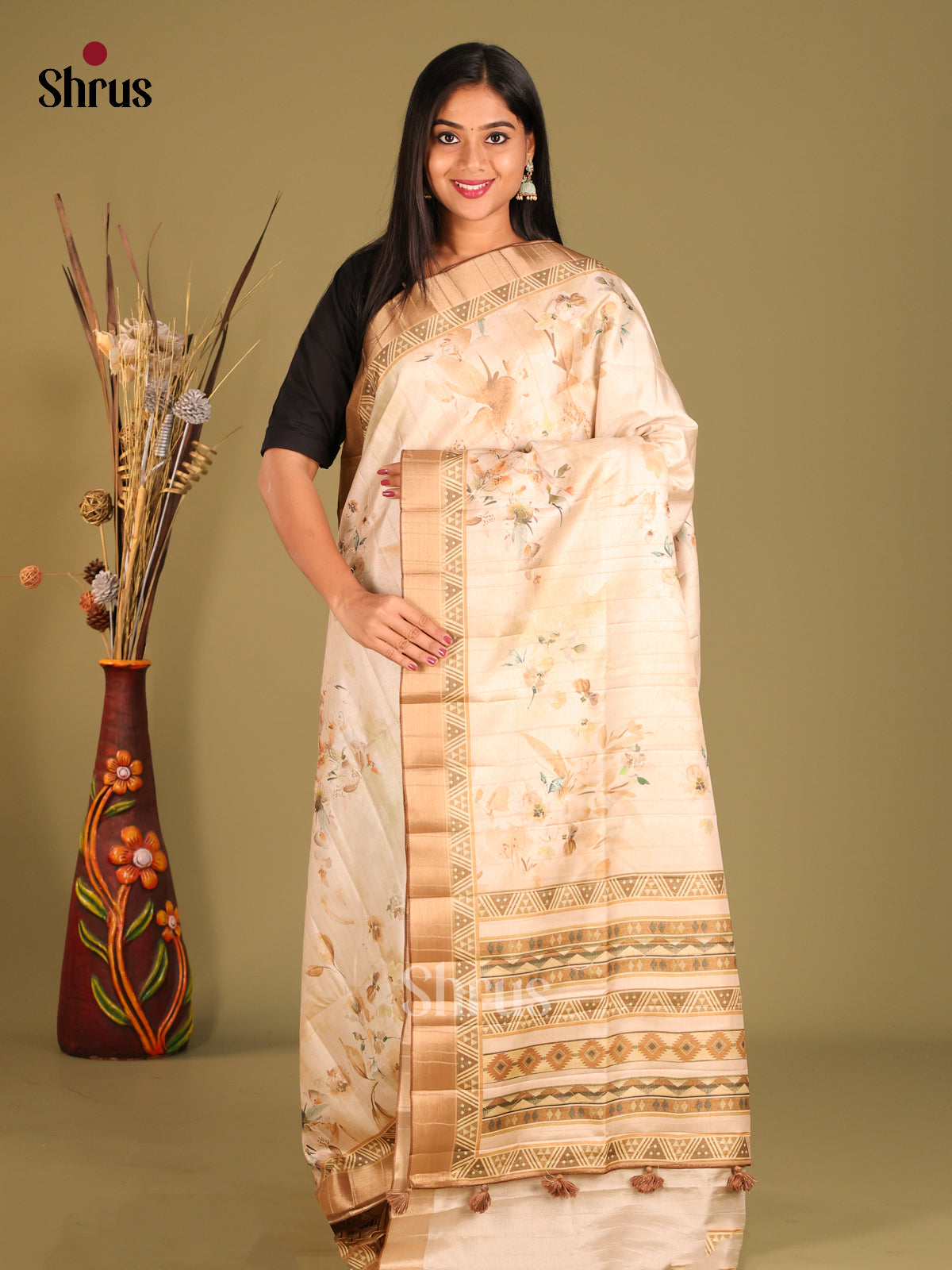 Cream & Brown - Semi matka Saree