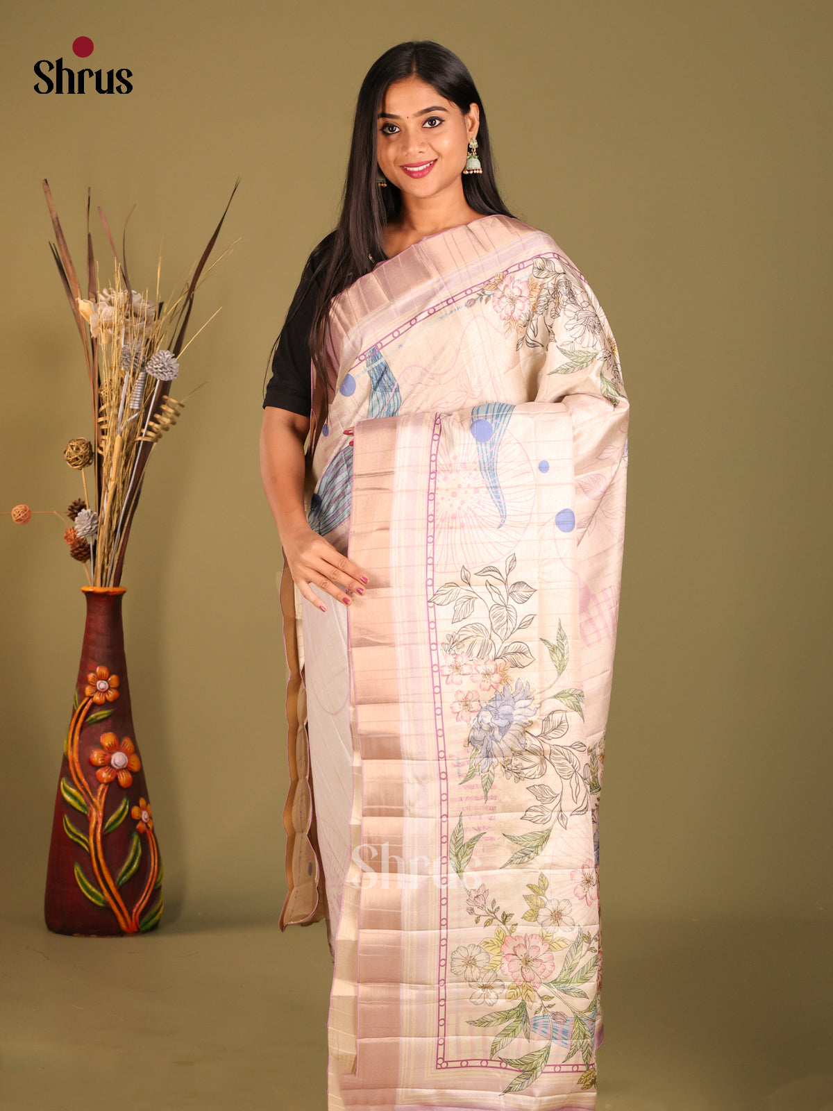 Cream & Pink - Semi matka Saree