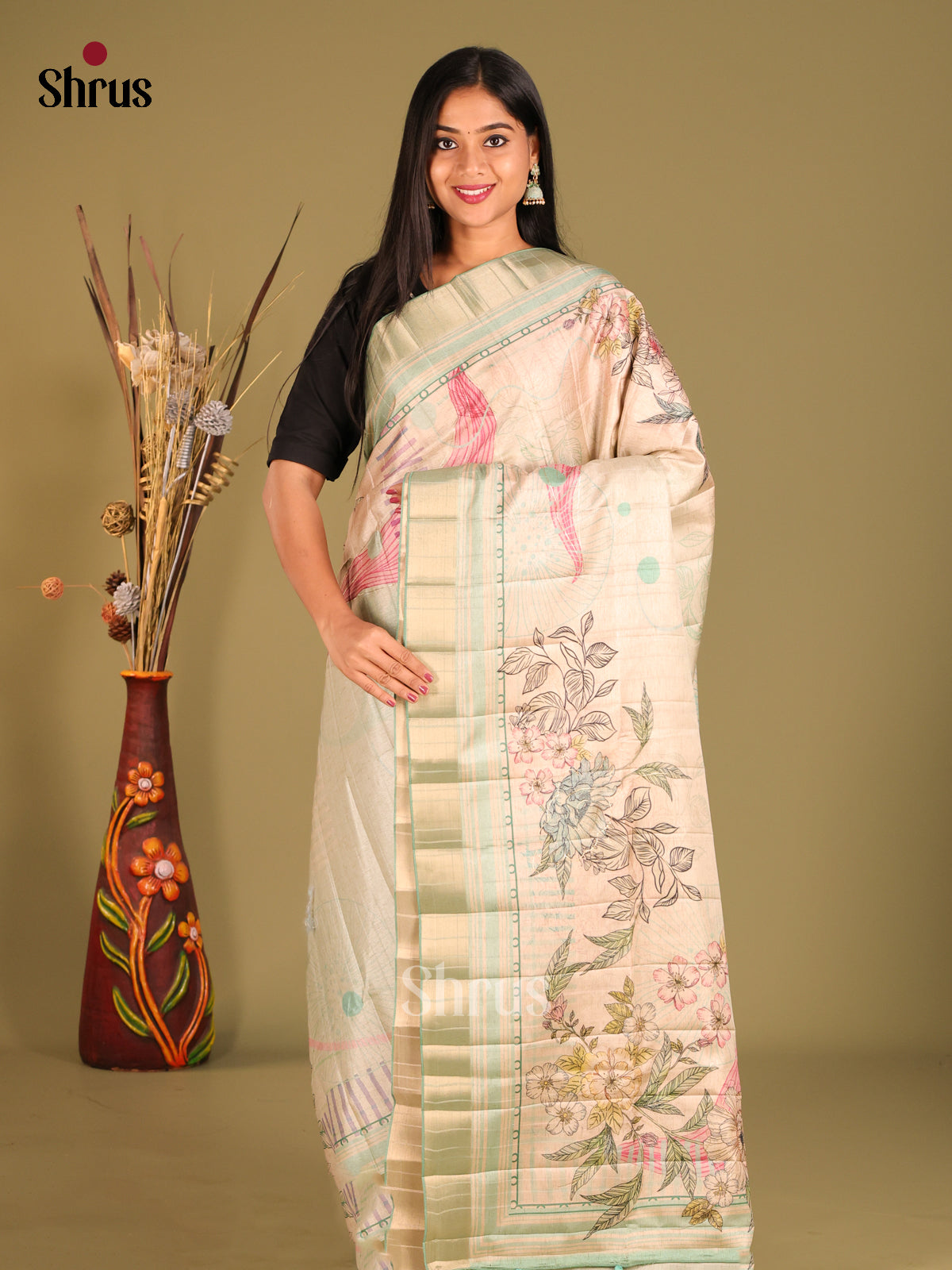 Cream & Pastel Green- Semi matka Saree