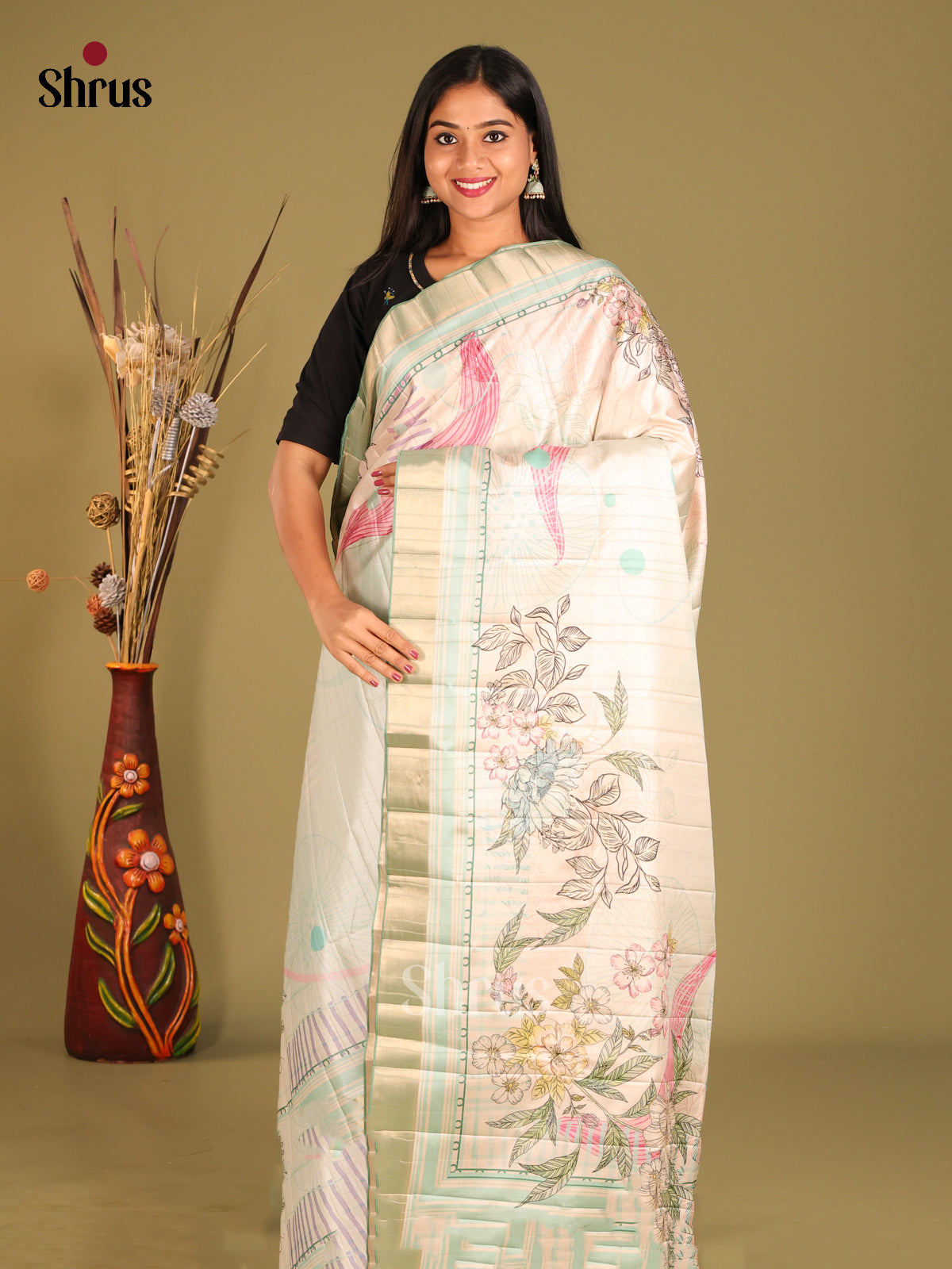 Cream & Teal- Semi matka Saree