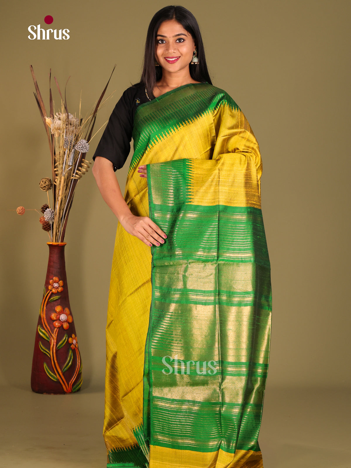 yallow and green - Raw silk saree