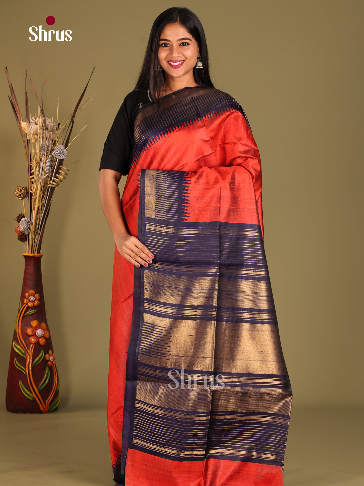 plain Bright orage and Navy Blue -Raw silk saree