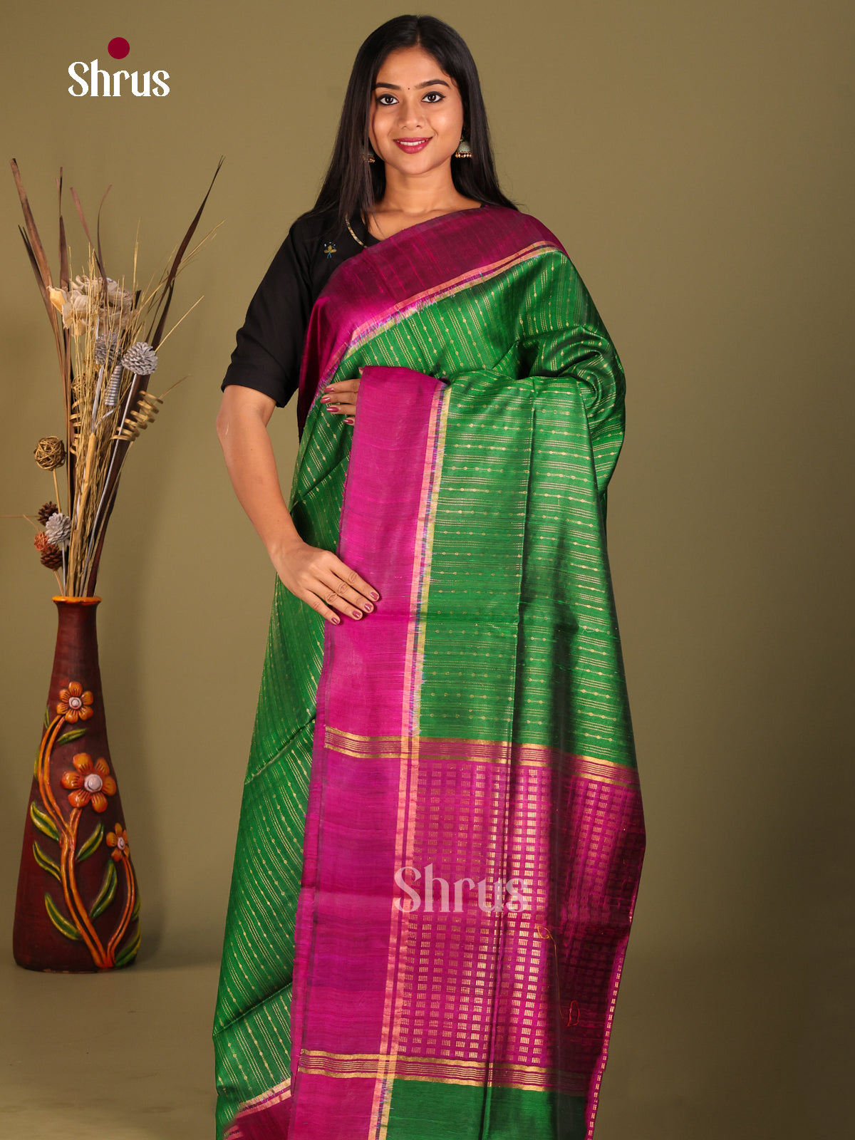 Green & Majenta Raw Silk Saree with zari stripes - Shop on Shrus.com