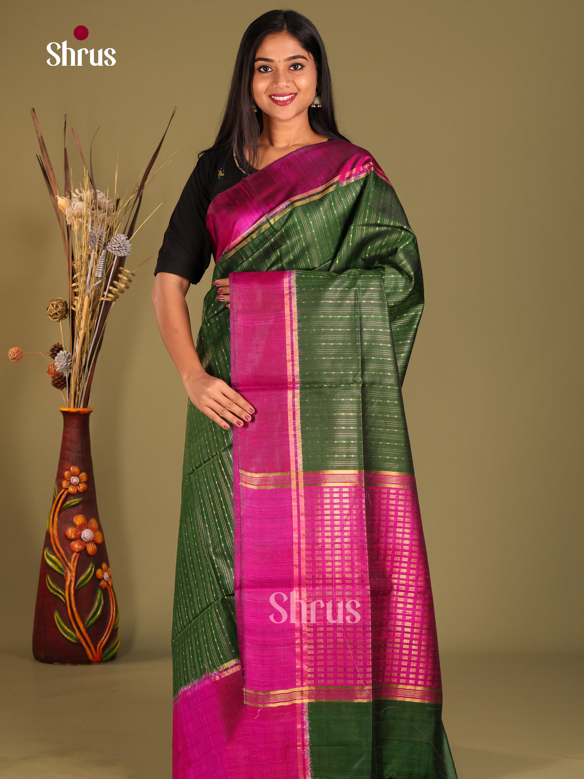 bottle green and purple lined -Raw Silk Saree
