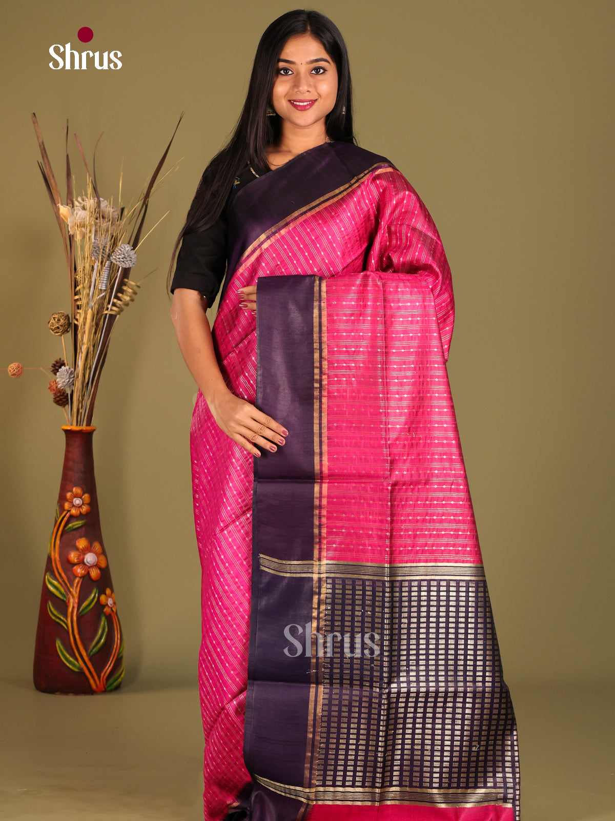 pink and purple line -Raw silk saree