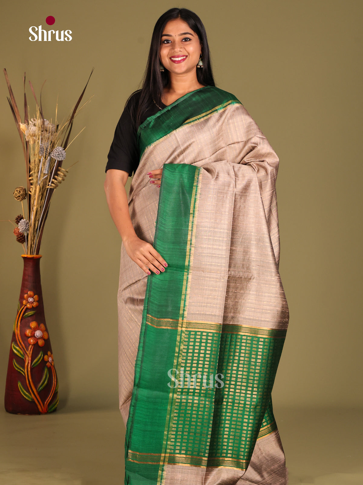 cream and green lined -Raw silk saree