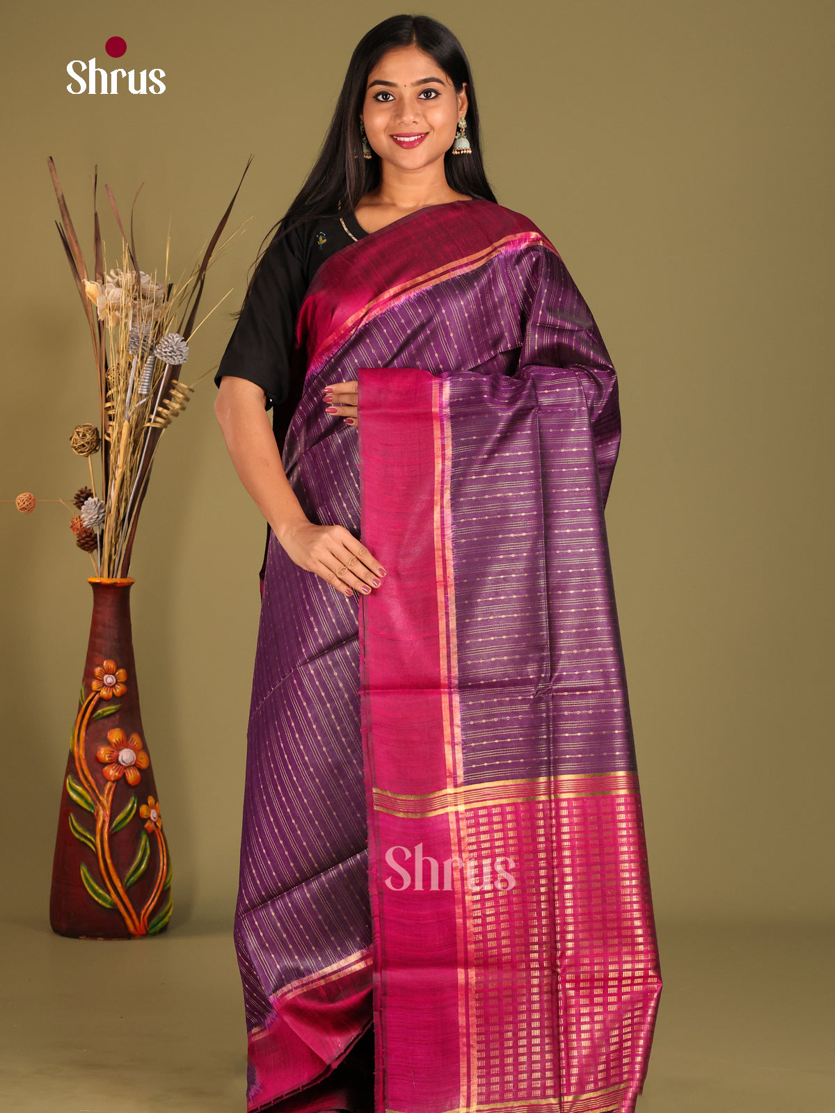 Violet & Maroon Raw Silk Saree with zari stripes