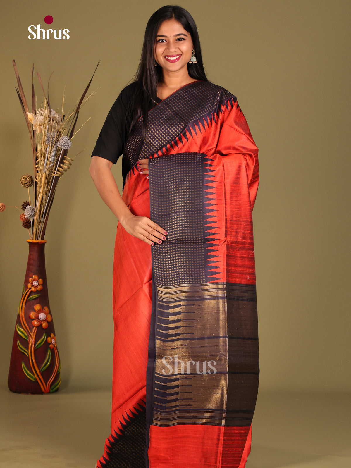 Orange and Navy Blue - Raw silk saree