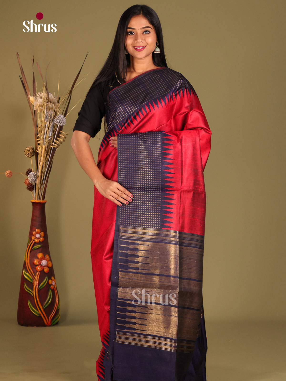 Bright red and Navy blue - Raw silk saree