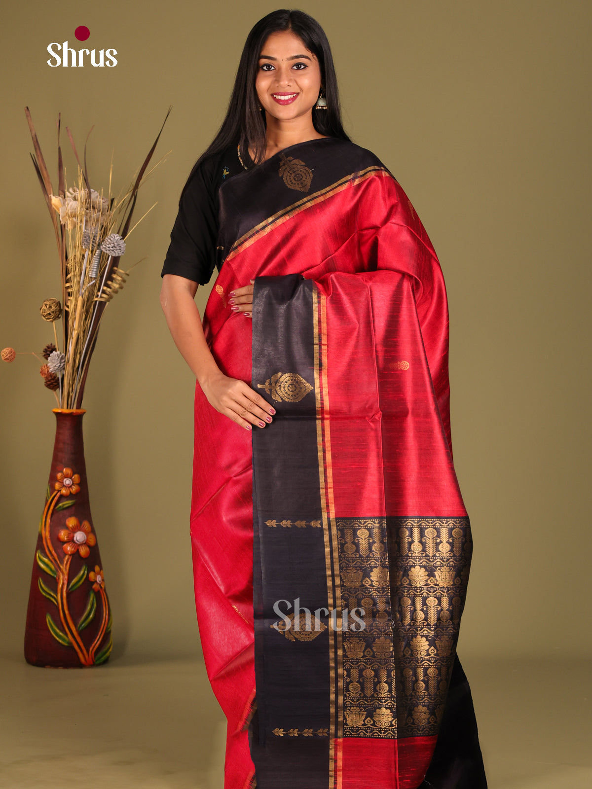 Red & Blue Raw Silk Saree with gold zari floral buttas
