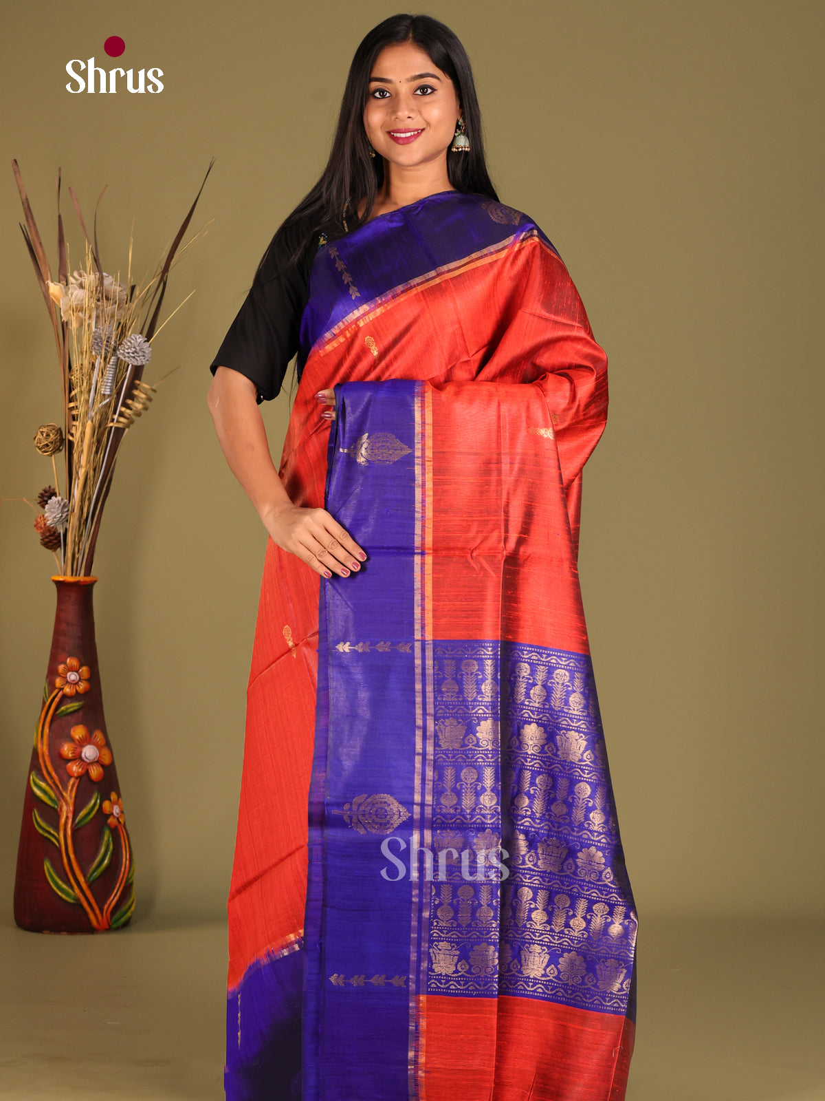 Red & Blue Raw Silk Saree gleams with zari buttas