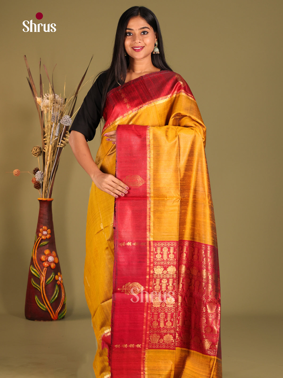 Mustard yellow and red - Raw Silk Saree
