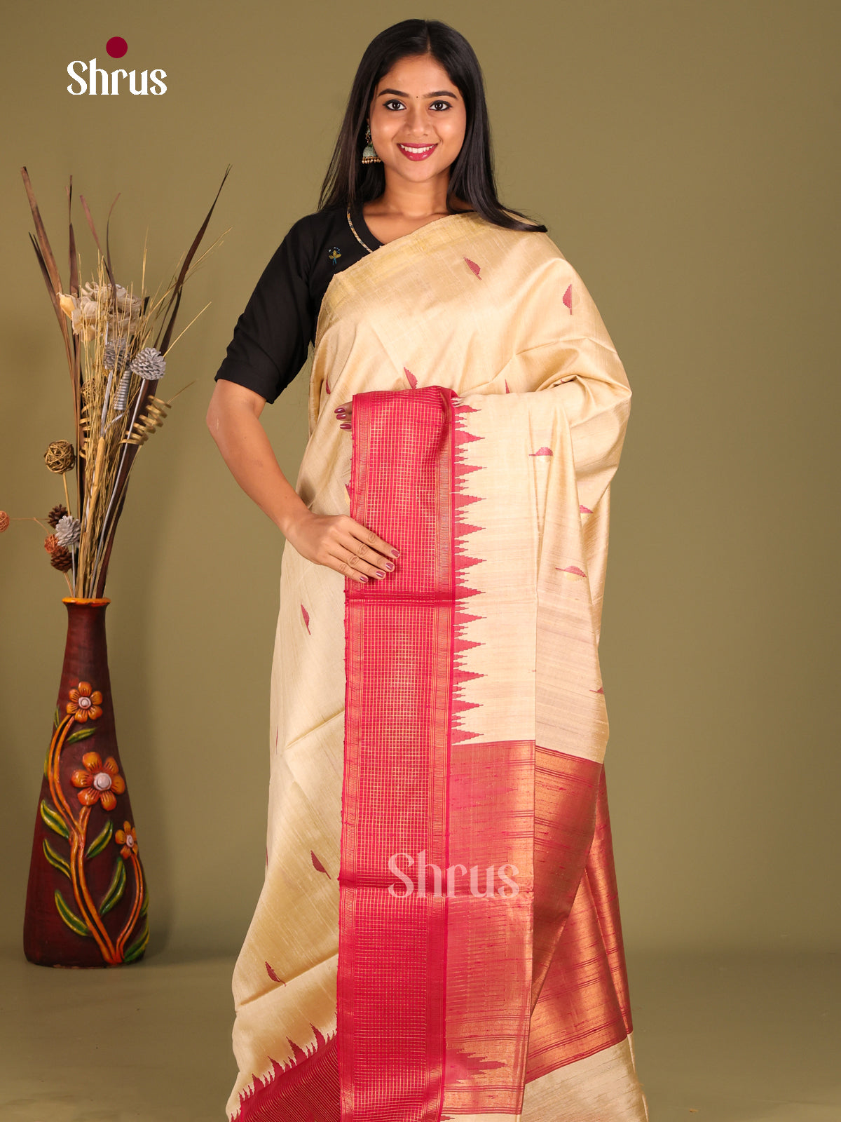 cream and red color -Raw silk saree
