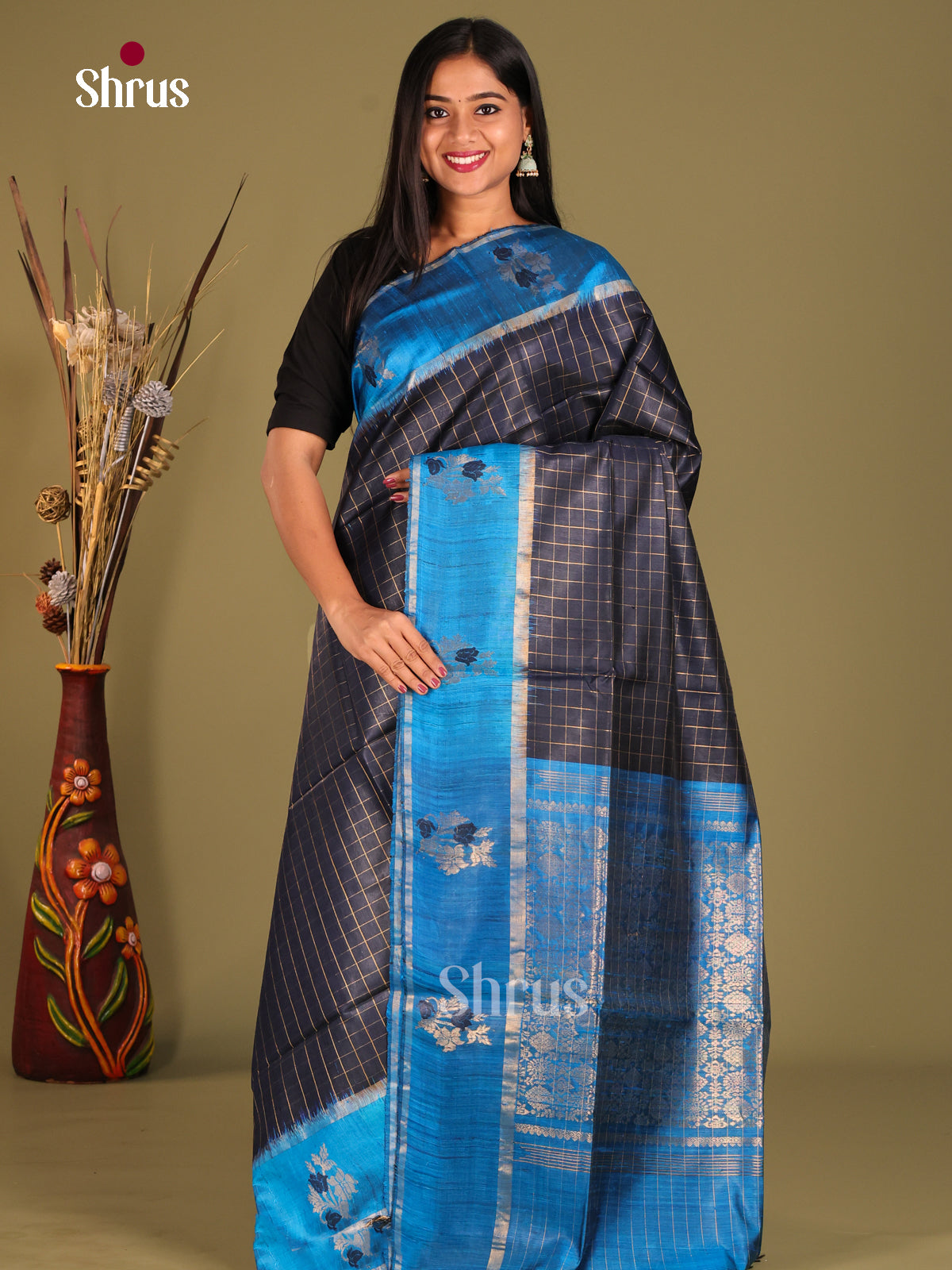 Dark Blue and Light Blue - Raw Silk Saree