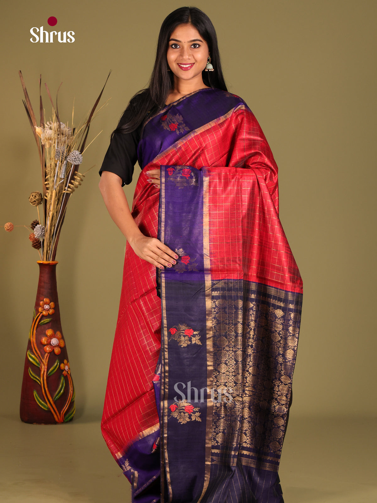 Elegant Red Raw Silk Saree with zari checks & Blue Border With Floral Motifs