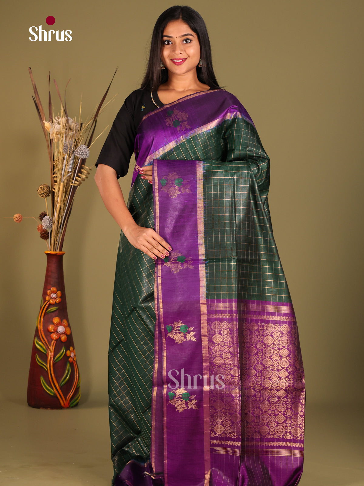 green and purple - Raw Silk Saree