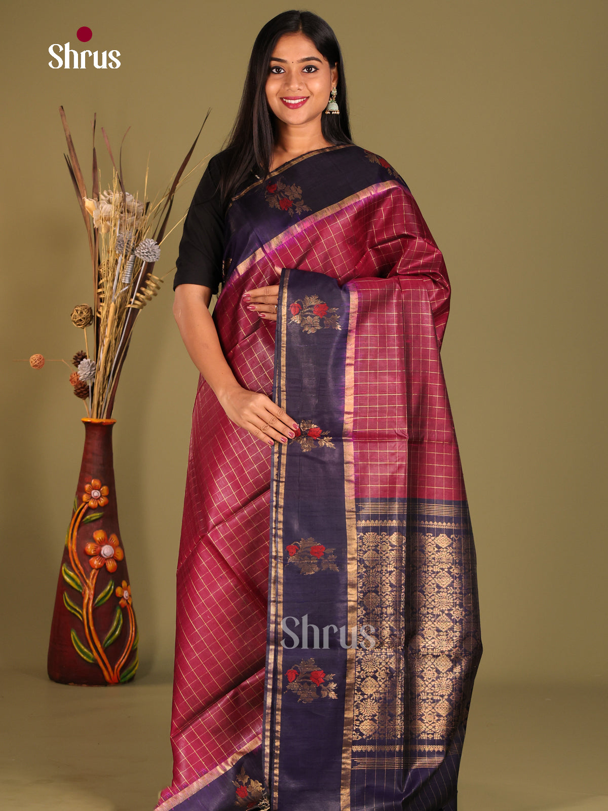 marron and navy blue - Raw silk saree
