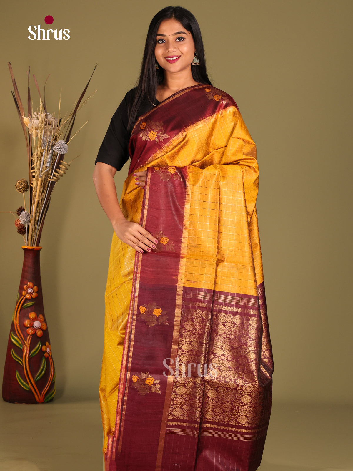mustard yellow and red zari - Raw silk saree