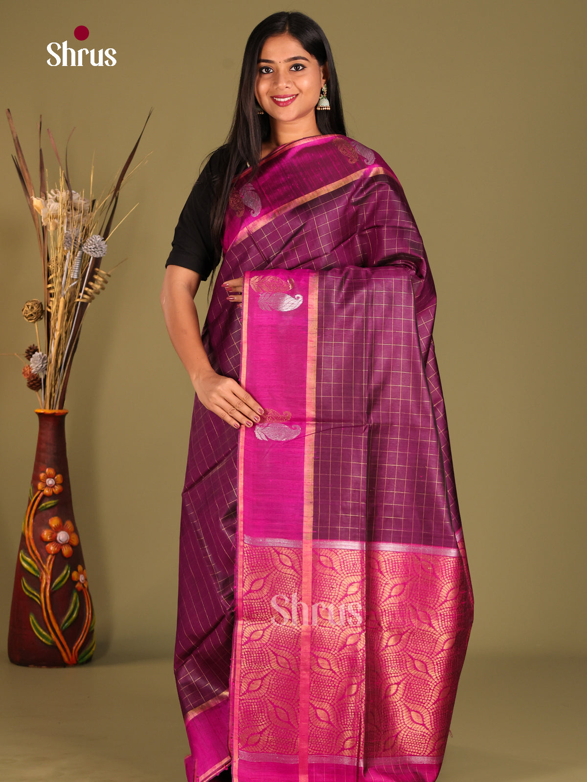 Purple & Pink Raw Silk Saree with zari checks