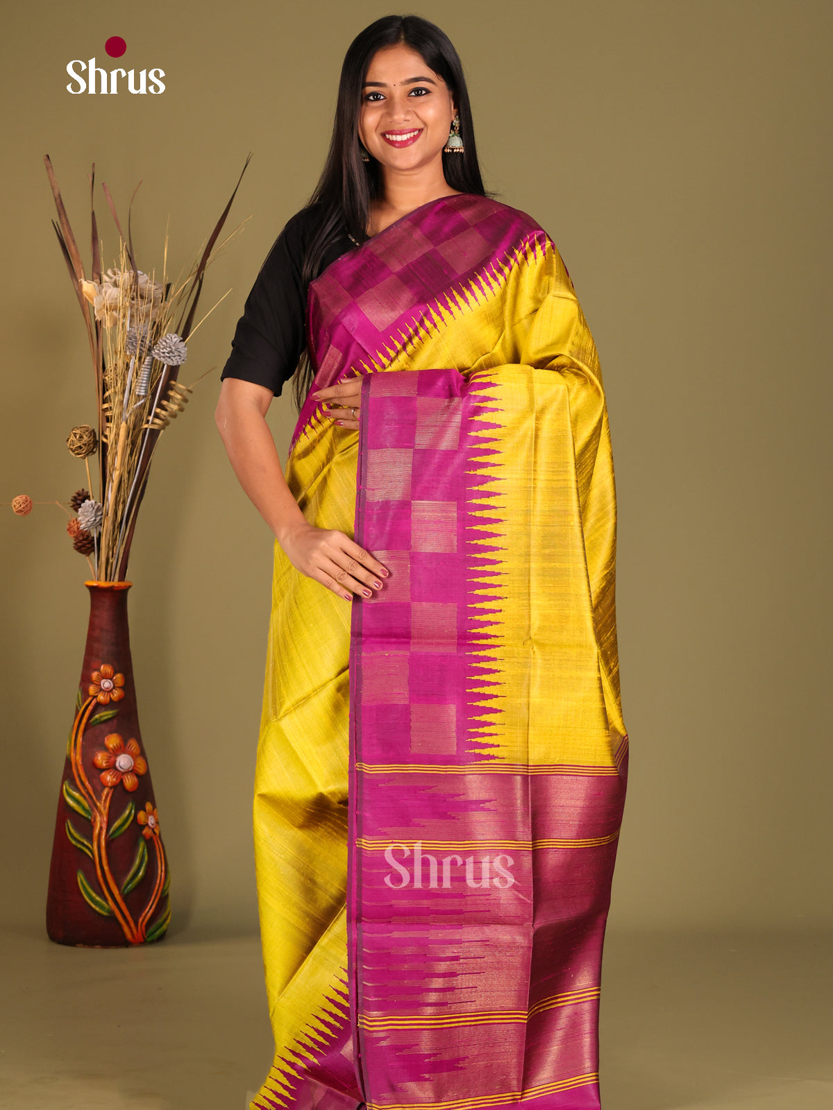 Mustard & Purple Raw Silk Saree with contrast temple border