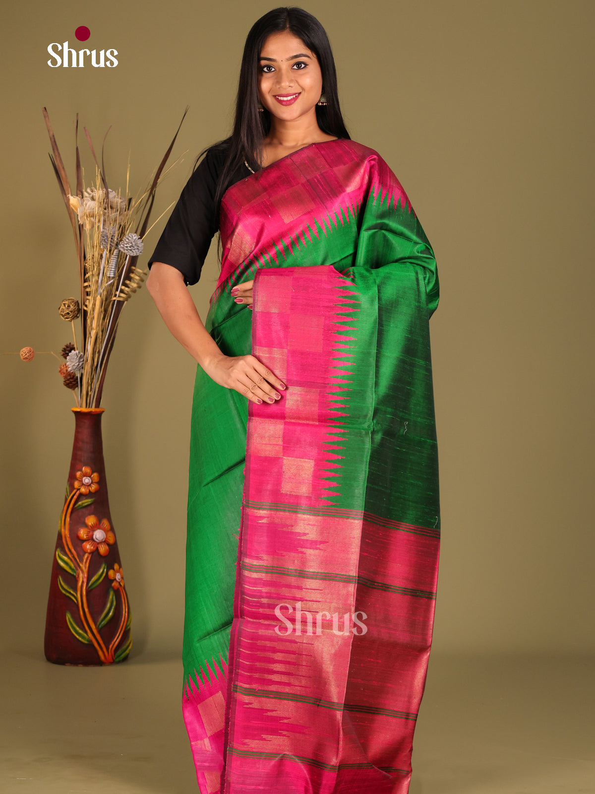 green and pink - Raw Silk Saree