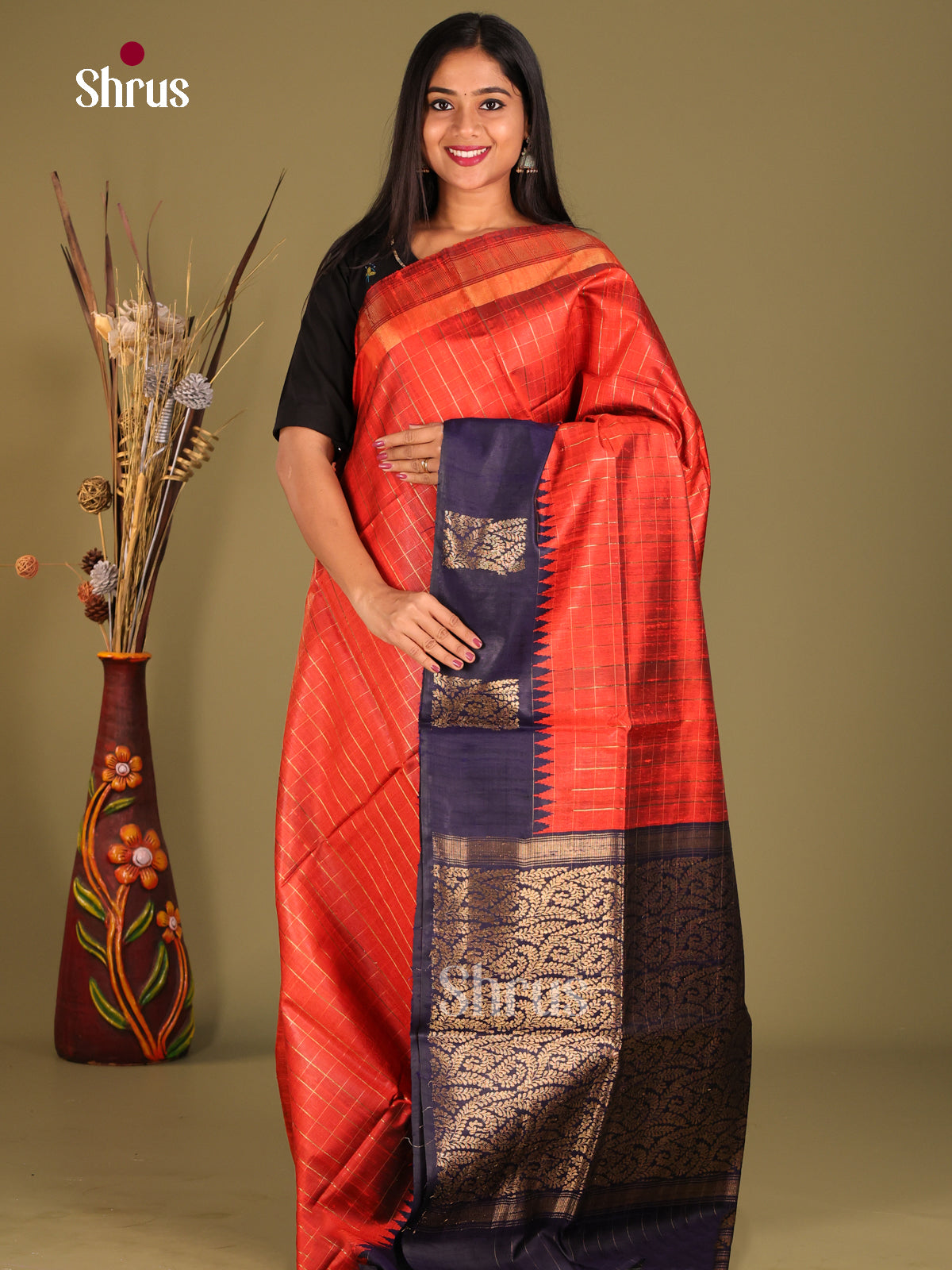 orange and blue -Raw silk saree