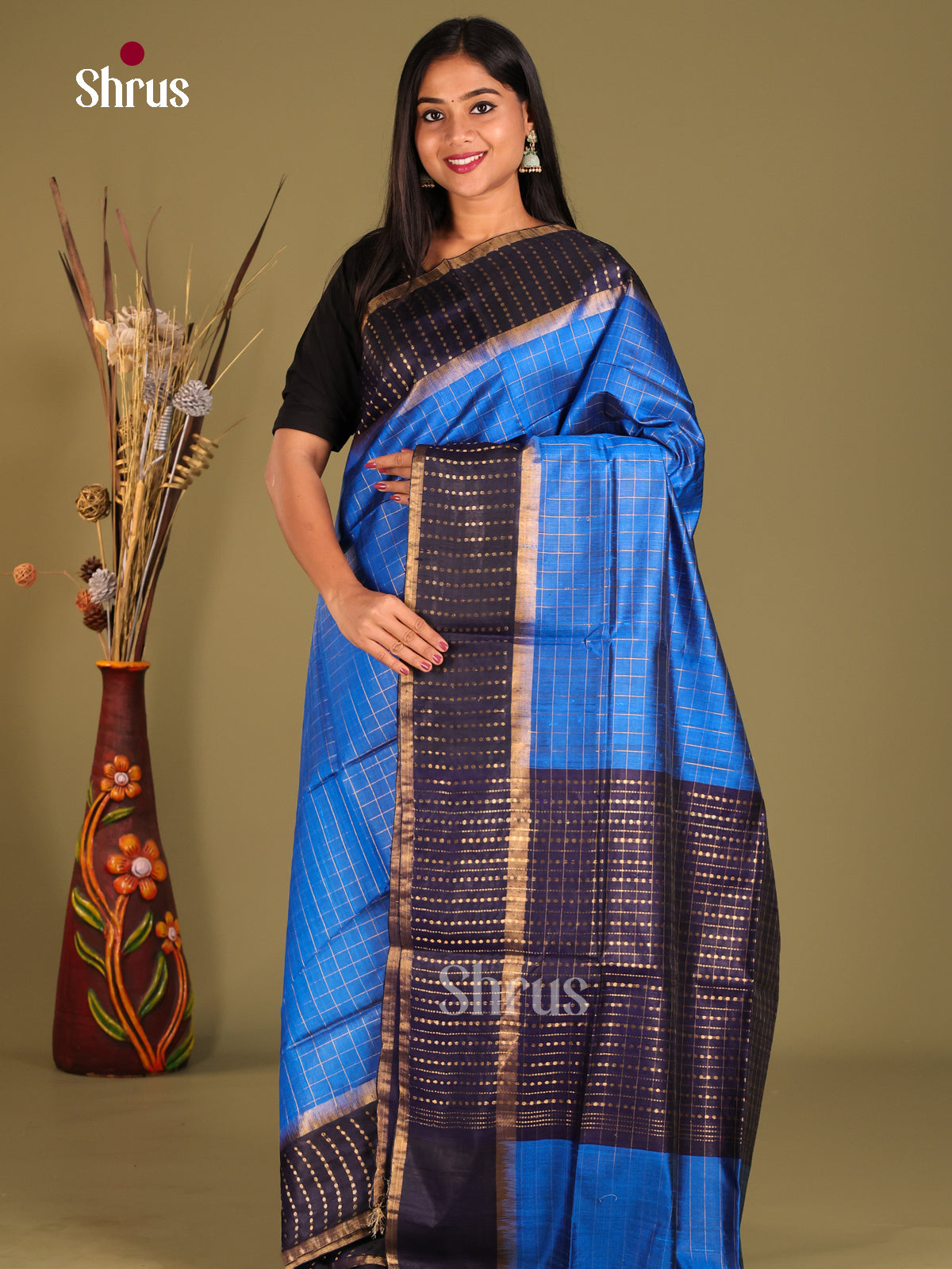 Royal blue and Navy blue lined -Raw Silk Saree