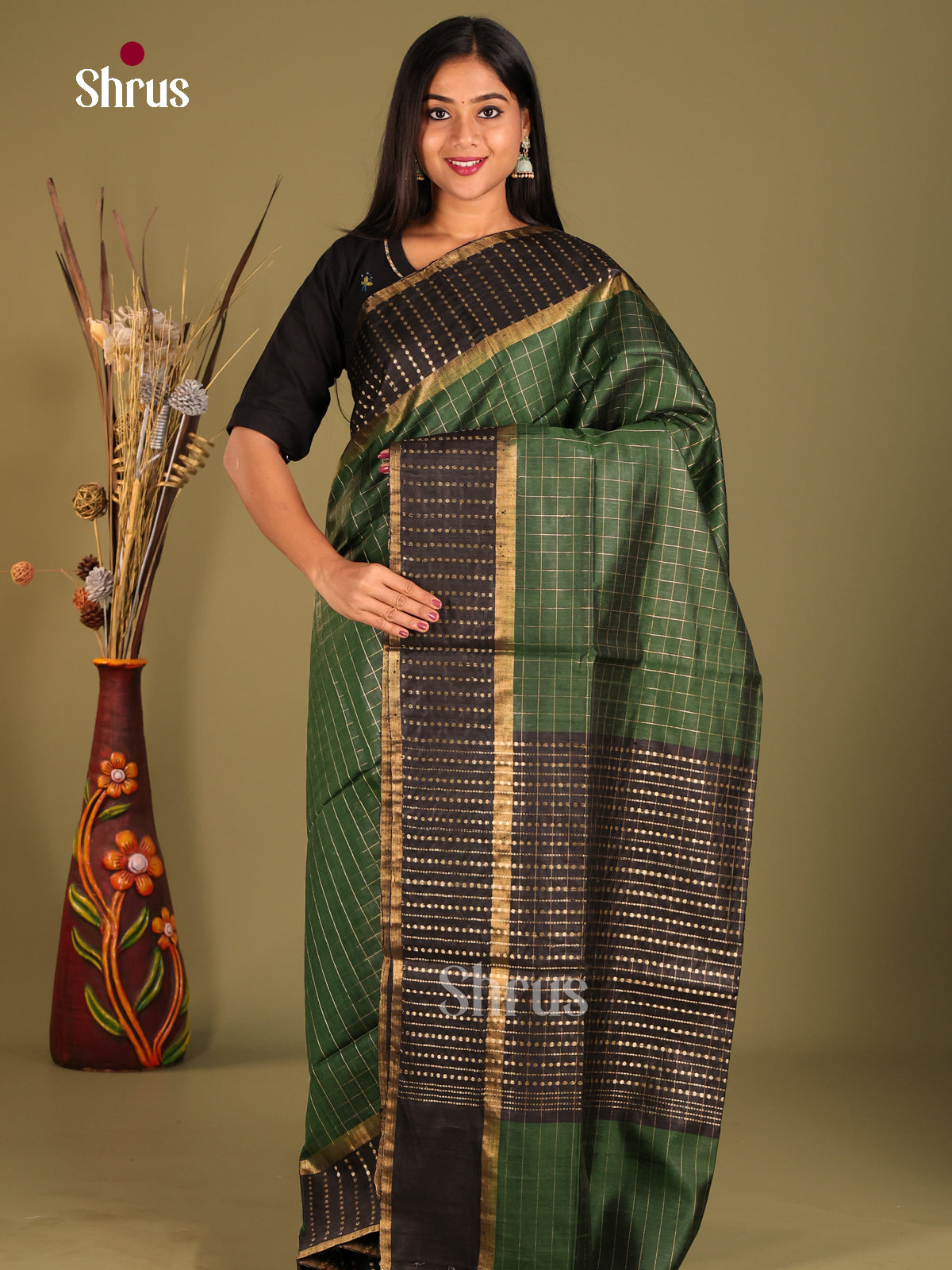Bottle green and black lined -Raw Silk Saree