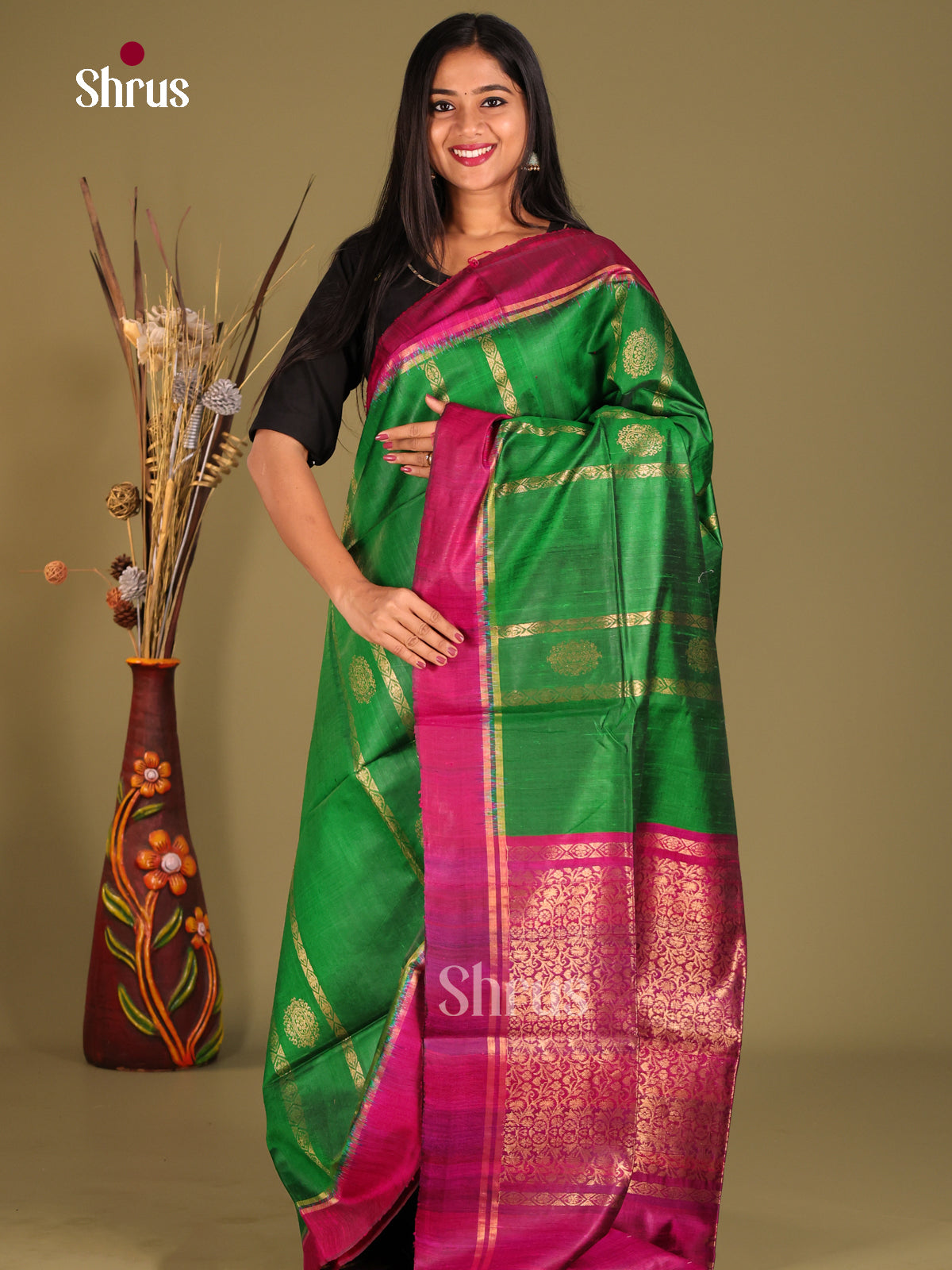 green and pink - Raw silk saree