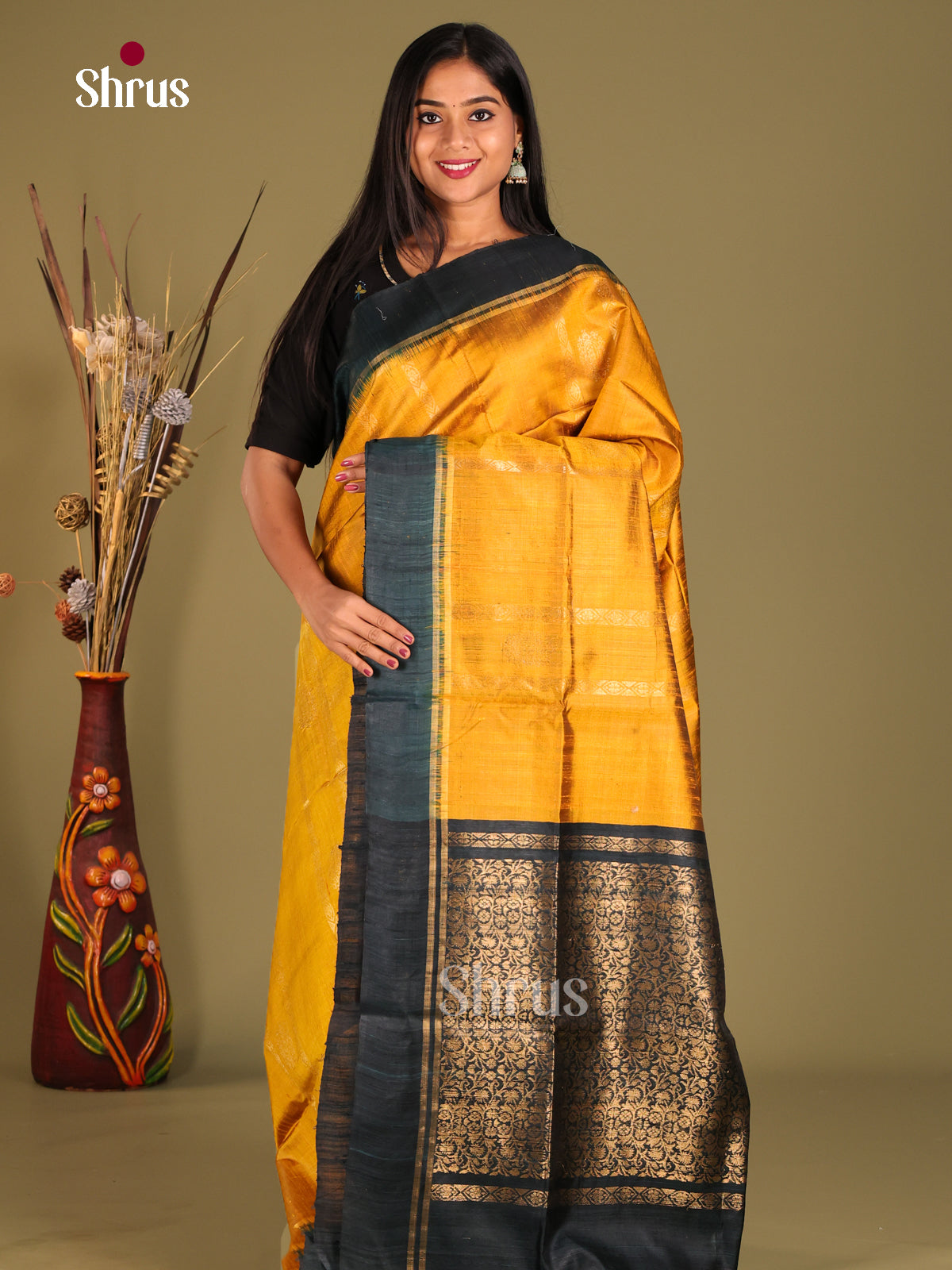 Yellow and bottle green - Raw Silk Saree