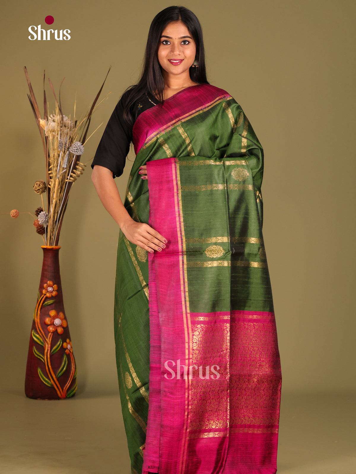 bottle green and pink - Raw Silk Saree