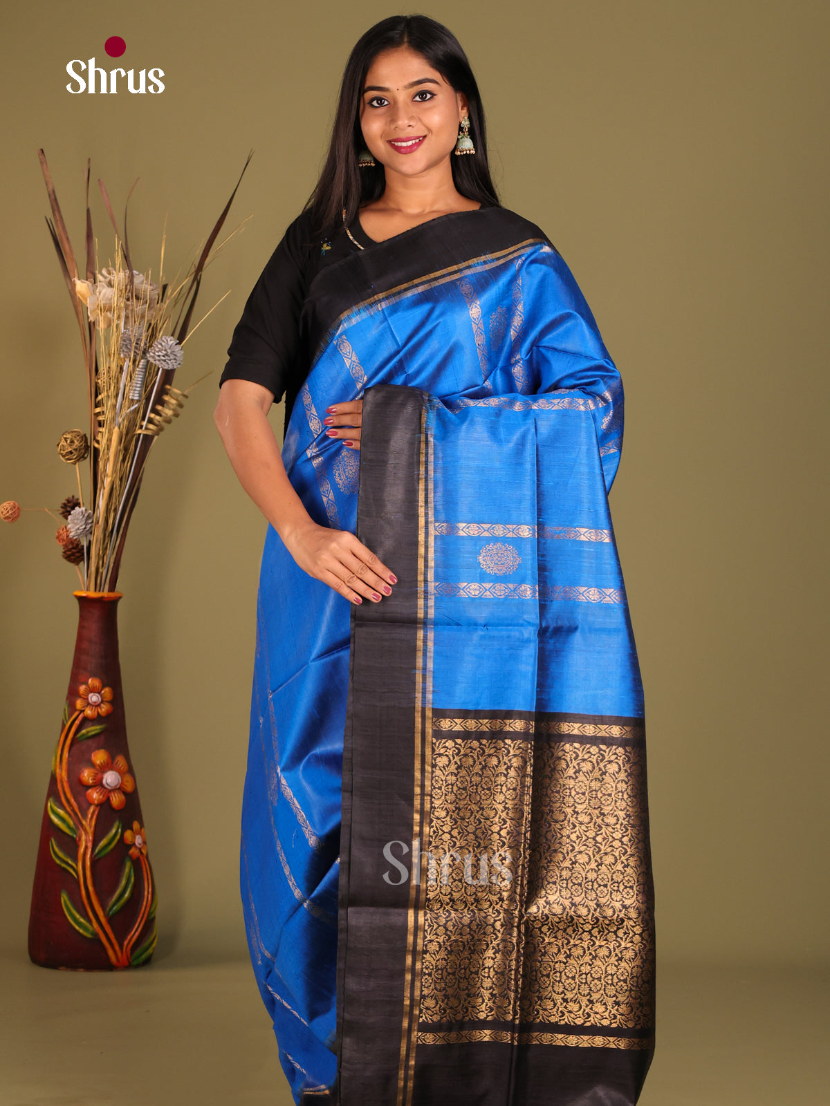 Blue and Black - Raw Silk Saree