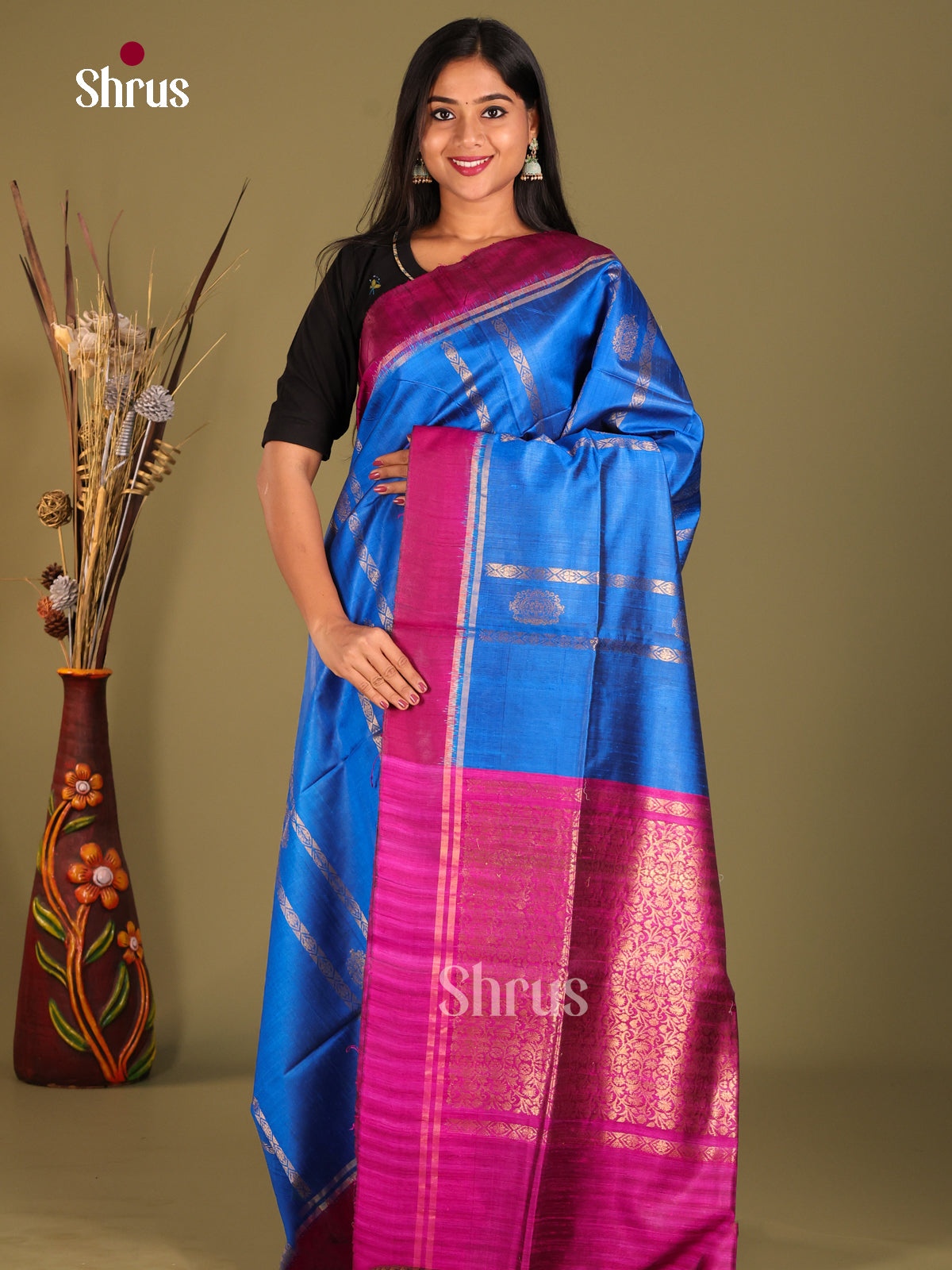 Blue & Majenta Raw Silk Saree with zari floral buttas, stripes