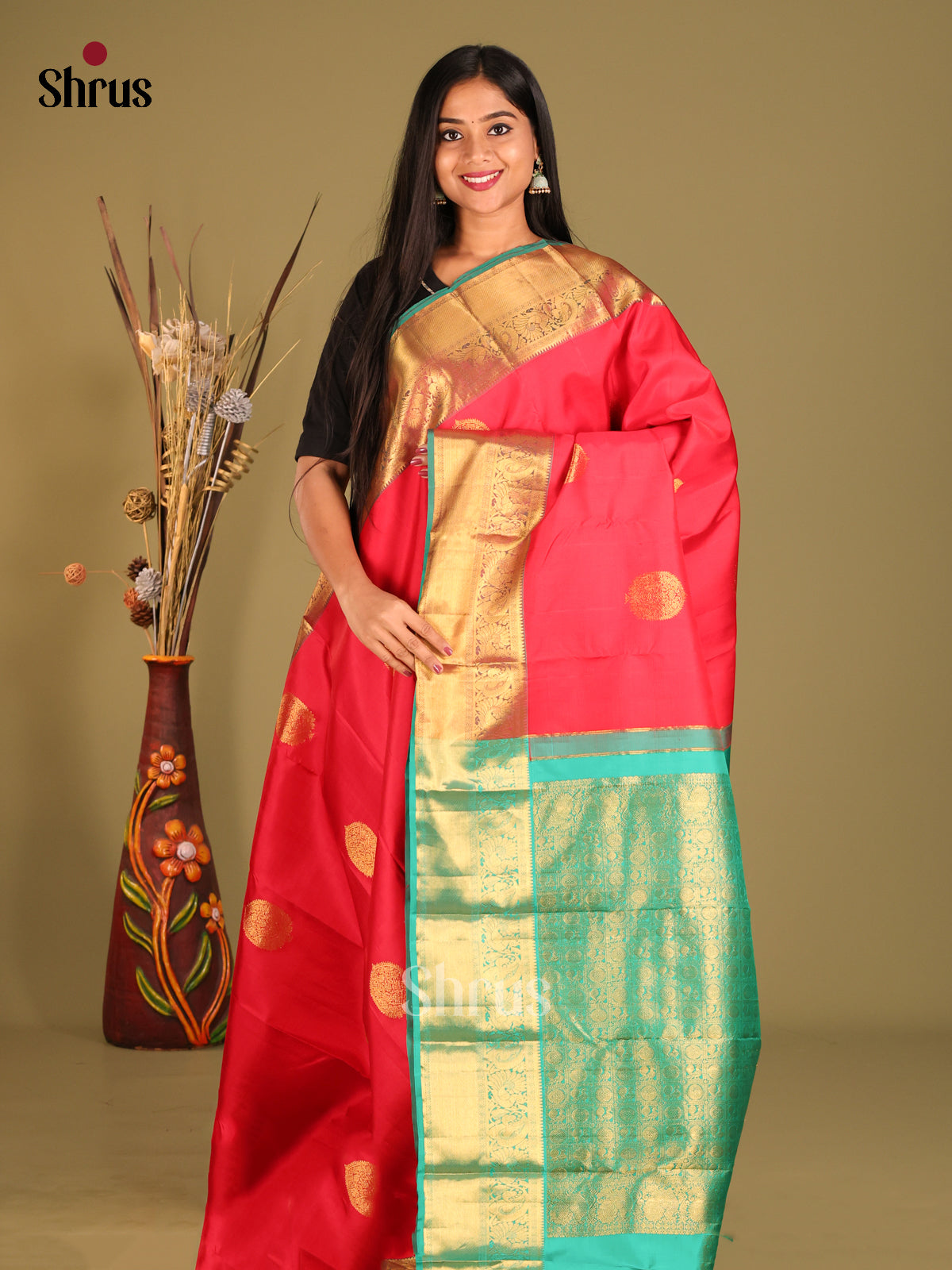 Stunning Red Kanchipuram Silk Saree with golden floral buttas & Teal Green Brocade Pallu